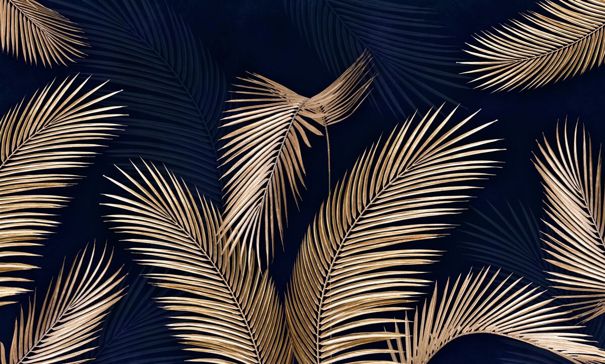 Papier peint fond sombre décoré de plumes d'or