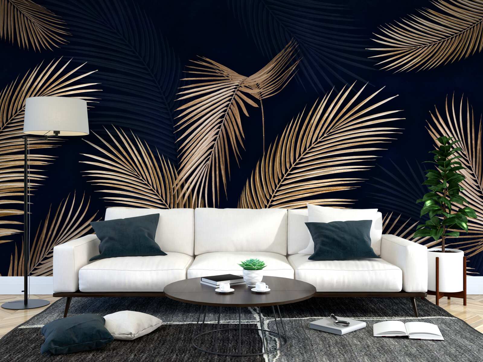 Papier peint fond sombre décoré de plumes d'or