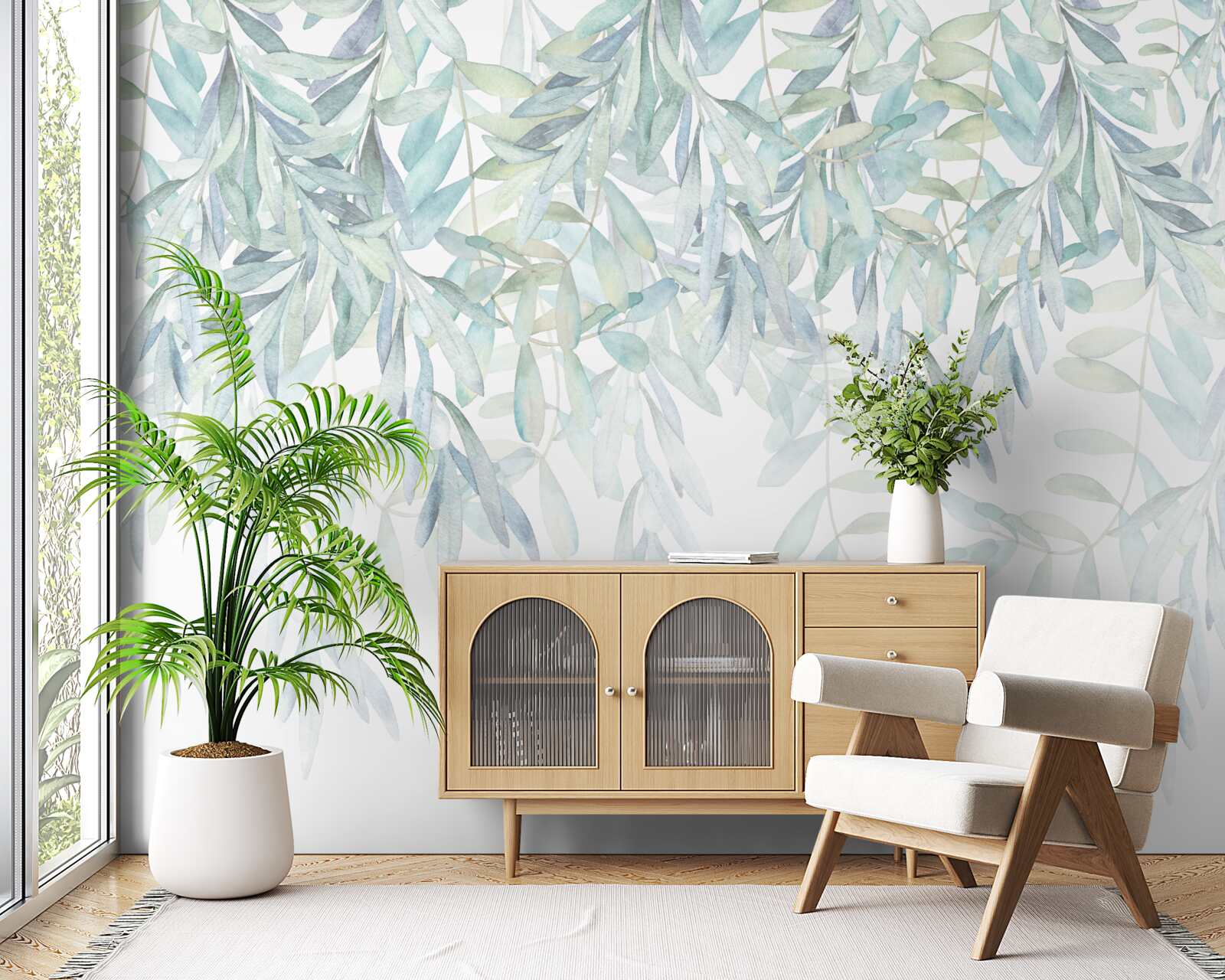 Papier peint plantes vertes luxuriantes sur fond blanc