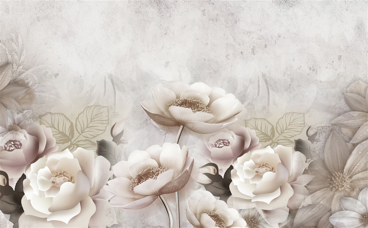 Papier peint une prairie brumeuse parsemée de fleurs blanches