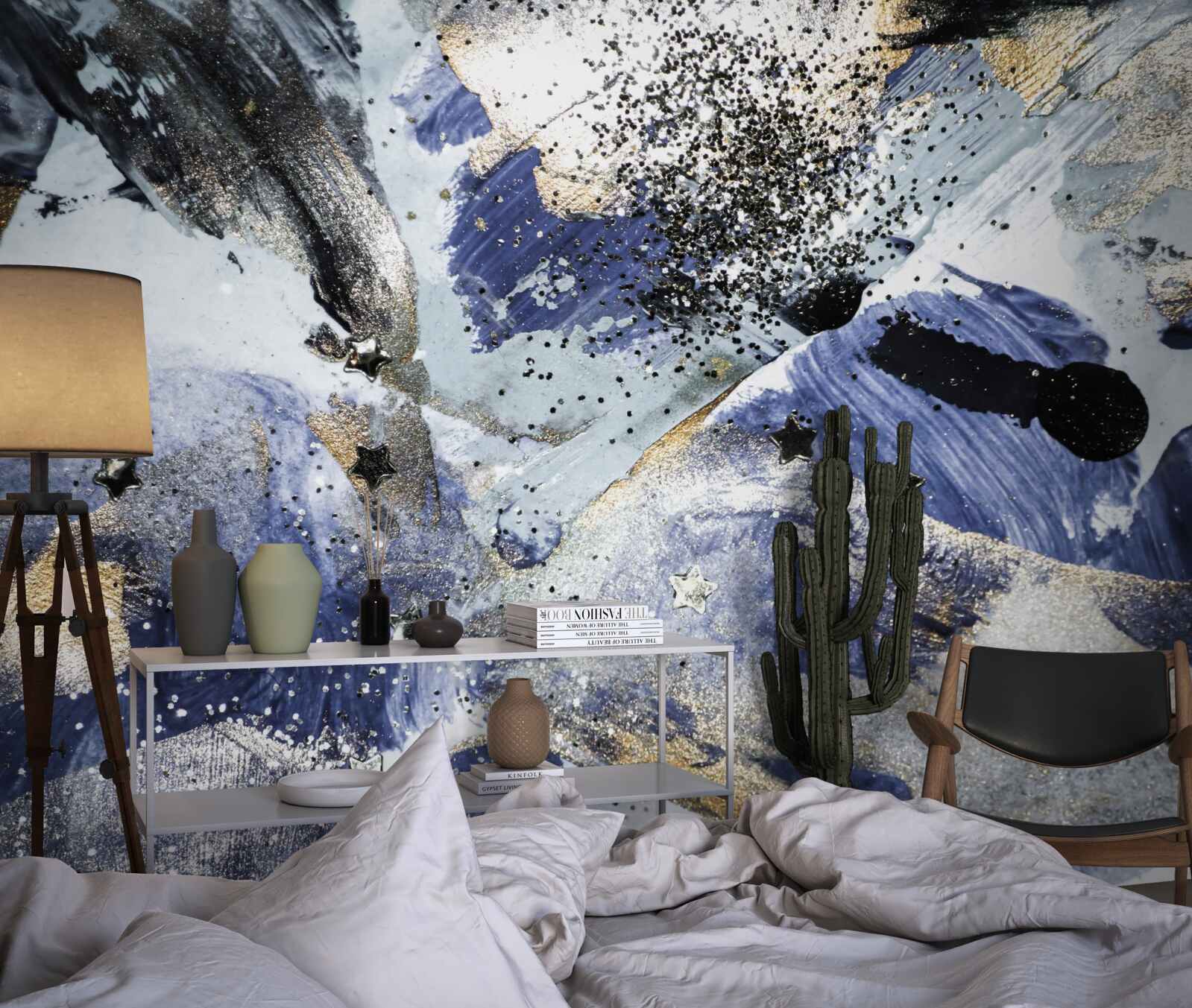 Papier peint tons d'or et de bleu dans un motif abstrait