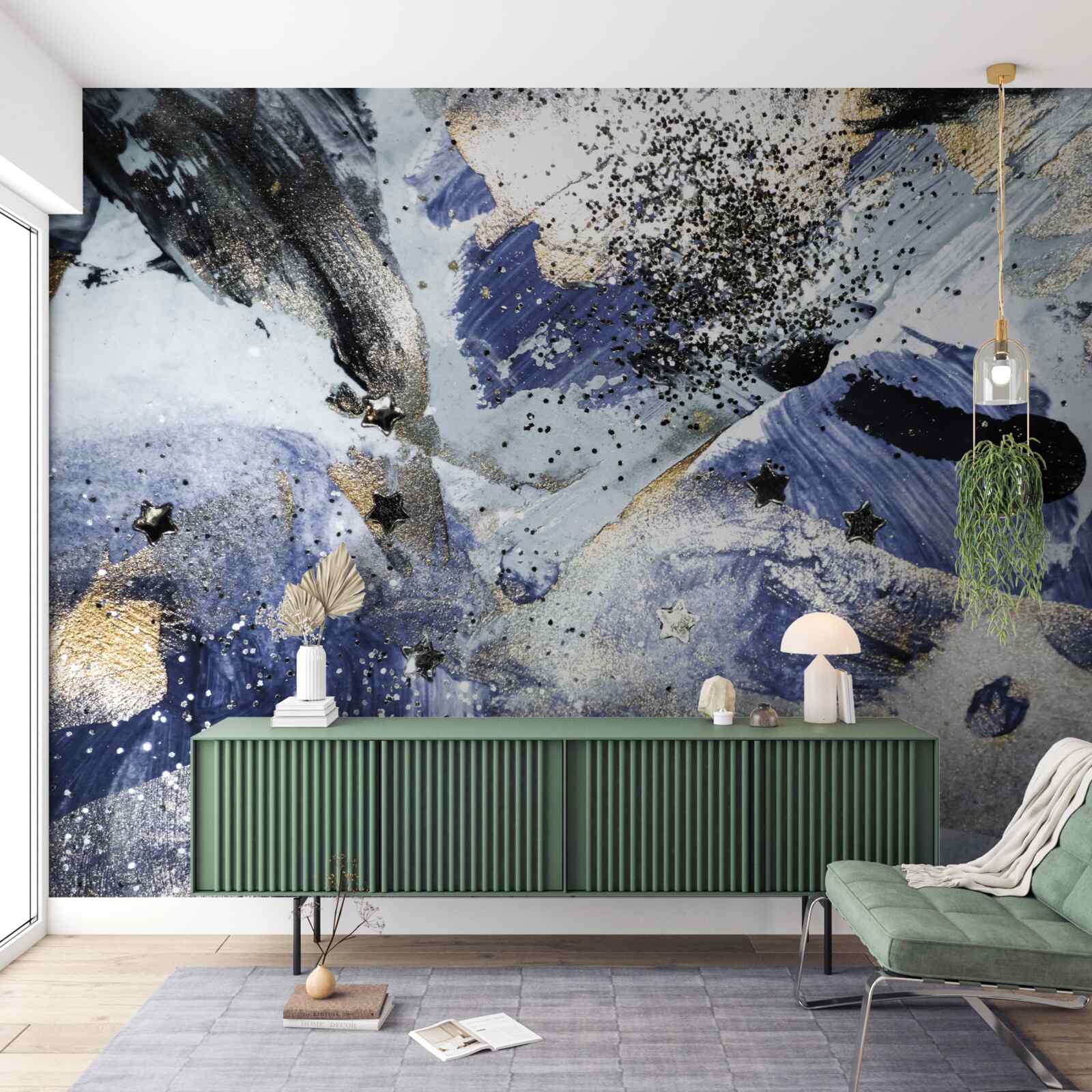 Papier peint tons d'or et de bleu dans un motif abstrait
