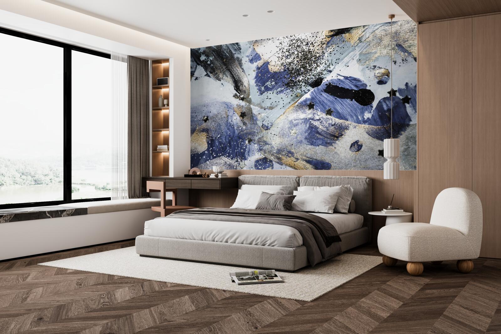 Papier peint tons d'or et de bleu dans un motif abstrait