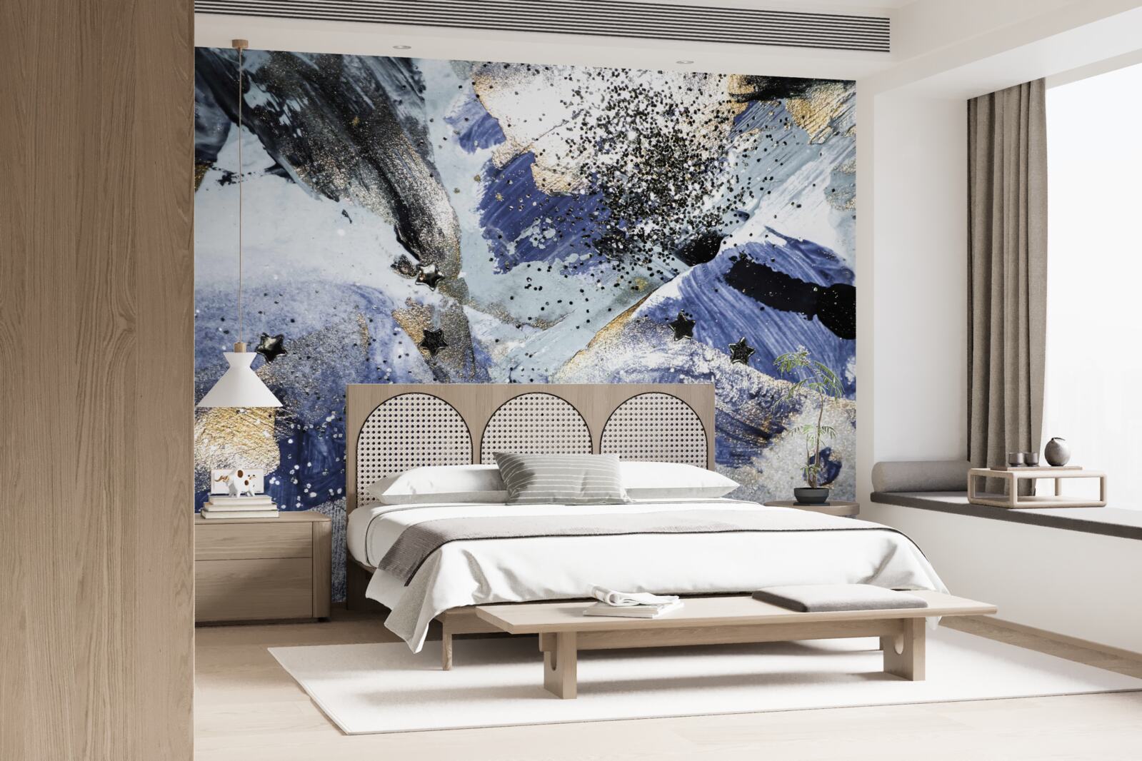 Papier peint tons d'or et de bleu dans un motif abstrait