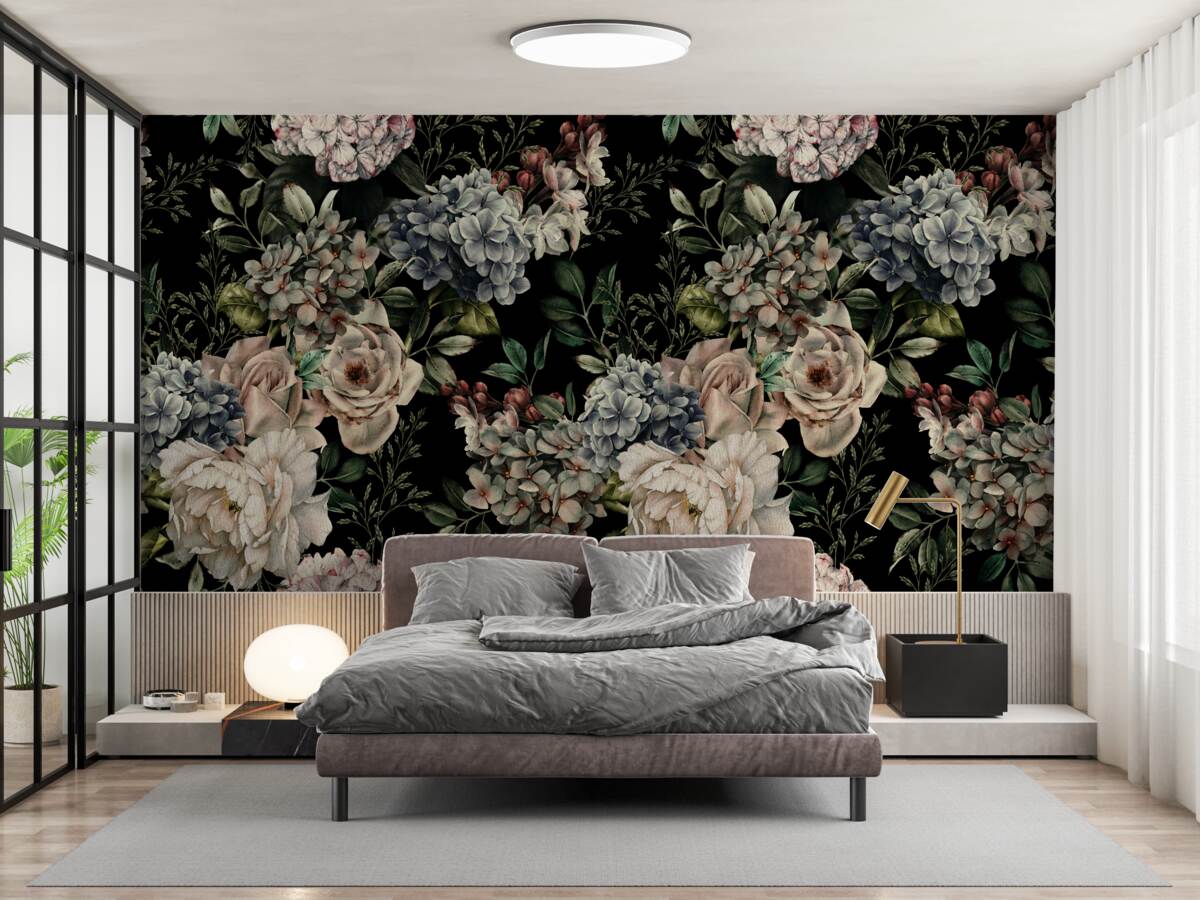 Papier peint branches fleuries sur fond sombre
