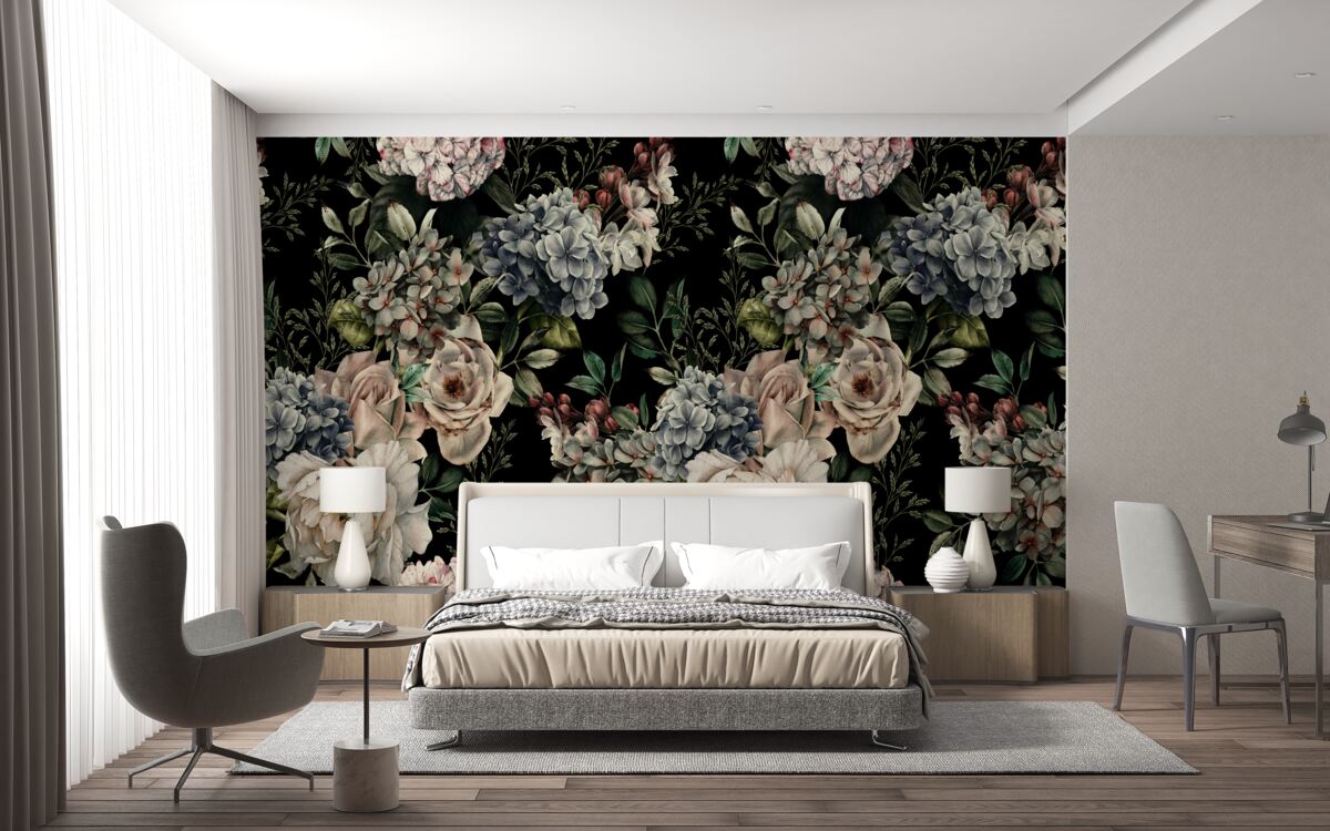 Papier peint branches fleuries sur fond sombre