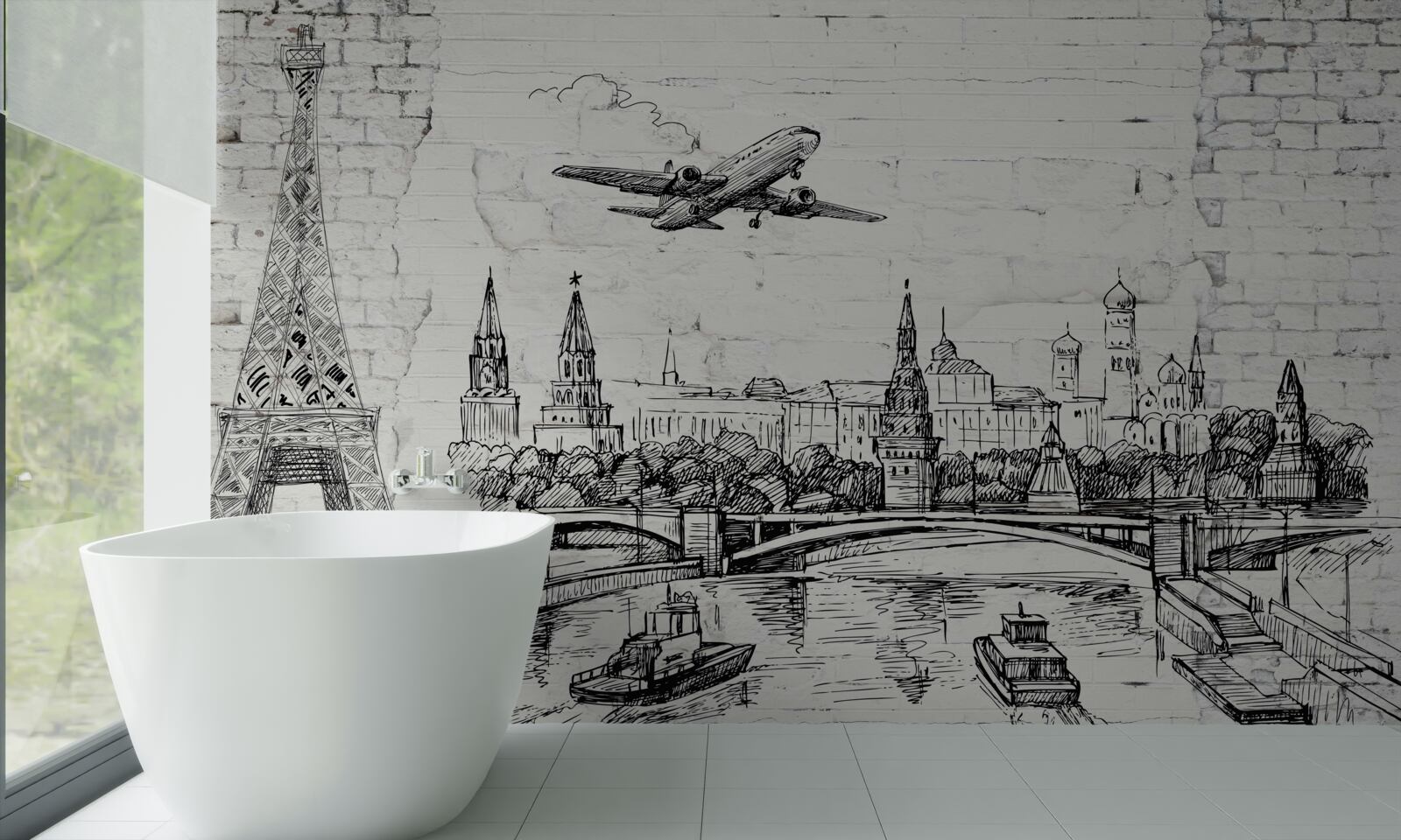 Papier peint une ville en noir et blanc, construite en briques blanches