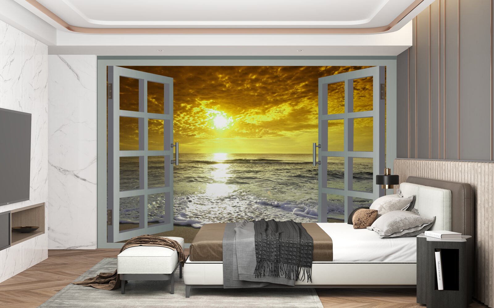 Papier peint vue magnifique sur le coucher de soleil sur la mer directement de la fenêtre