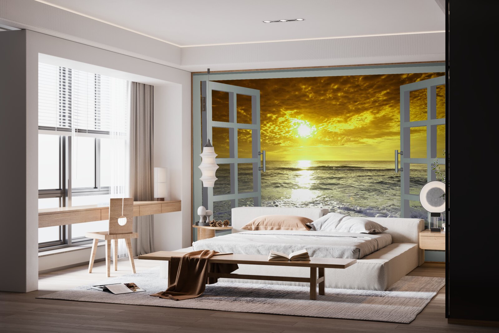 Papier peint vue magnifique sur le coucher de soleil sur la mer directement de la fenêtre