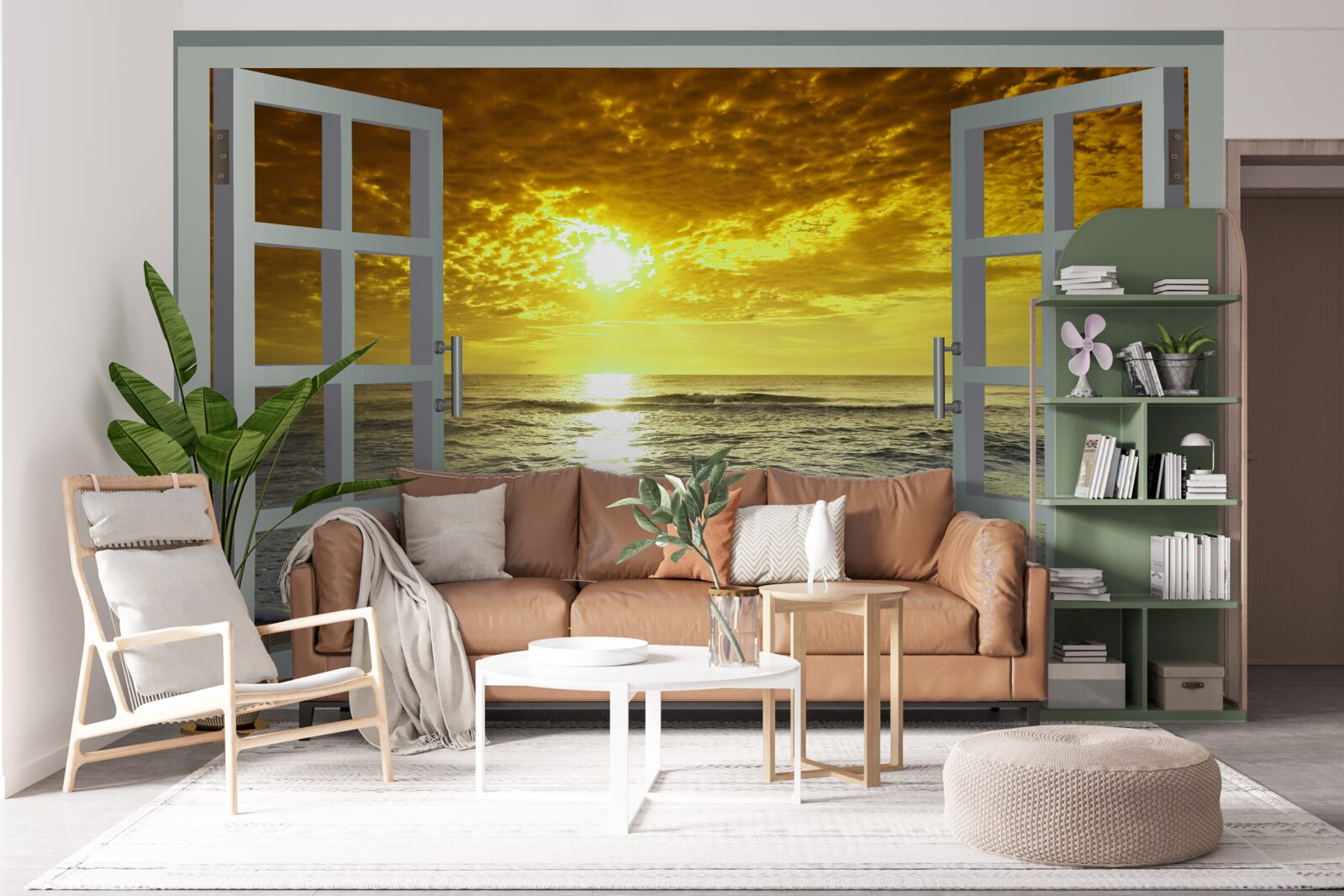 Papier peint vue magnifique sur le coucher de soleil sur la mer directement de la fenêtre