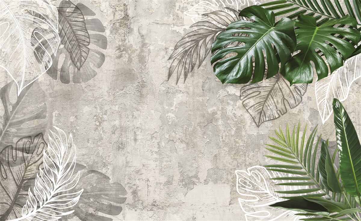 Papier peint aquarelles représentant une monstera et une fougère