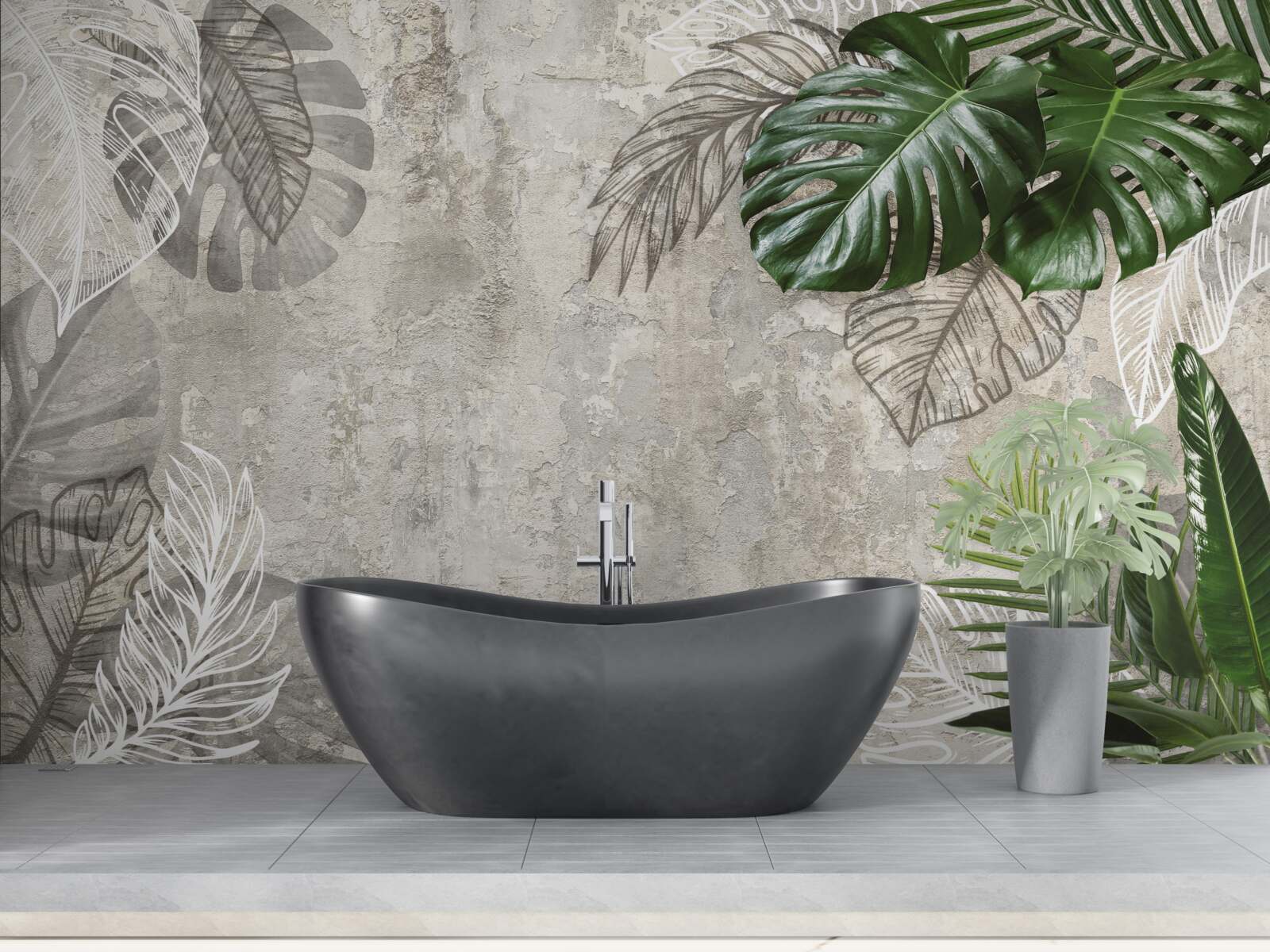 Papier peint aquarelles représentant une monstera et une fougère