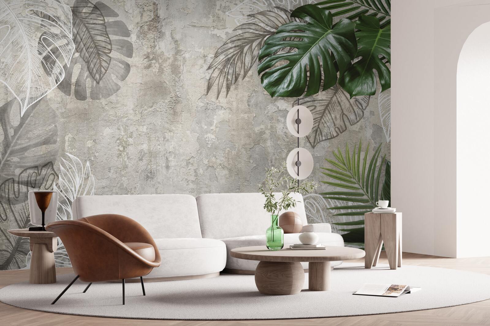 Papier peint aquarelles représentant une monstera et une fougère