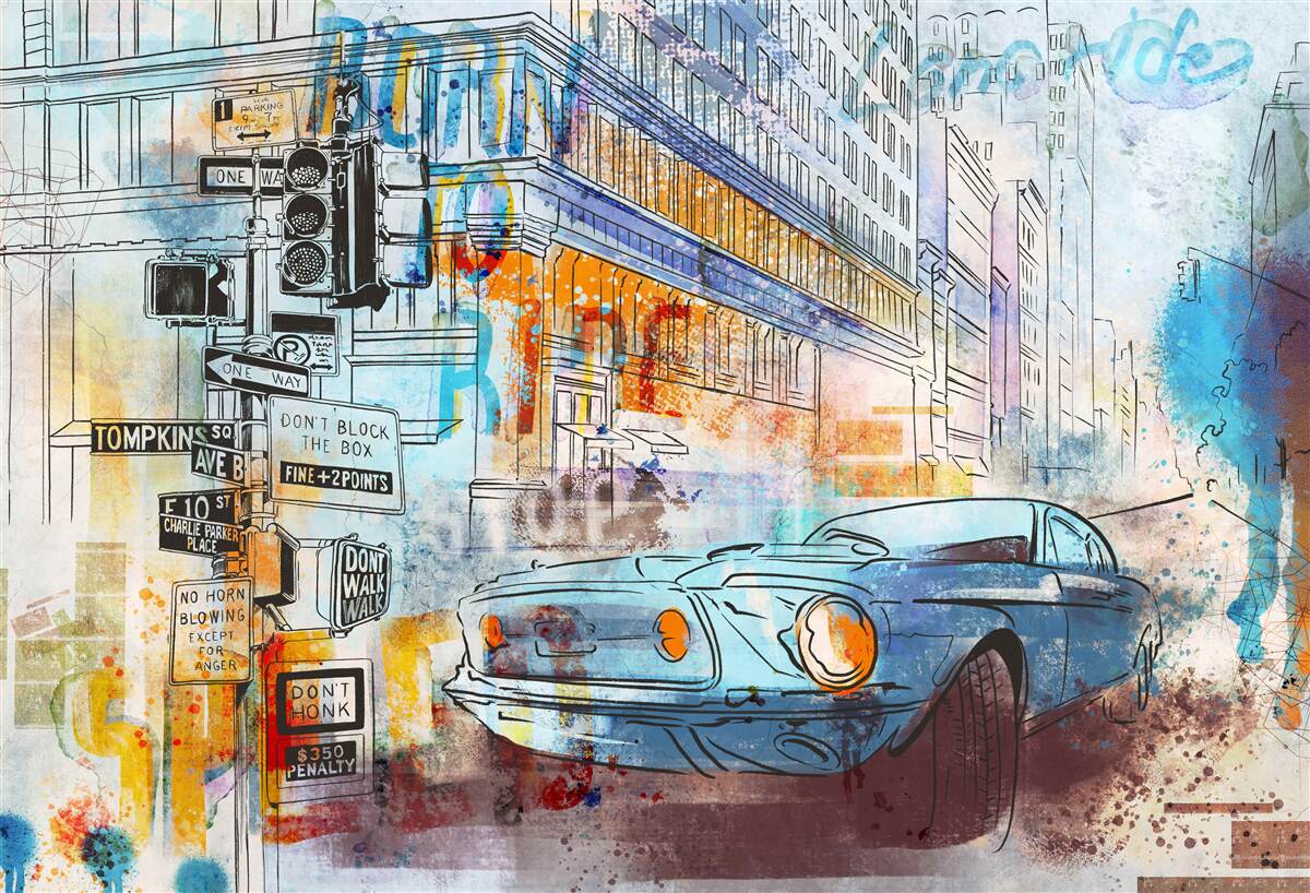 Papier peint croquis de voitures et de rues