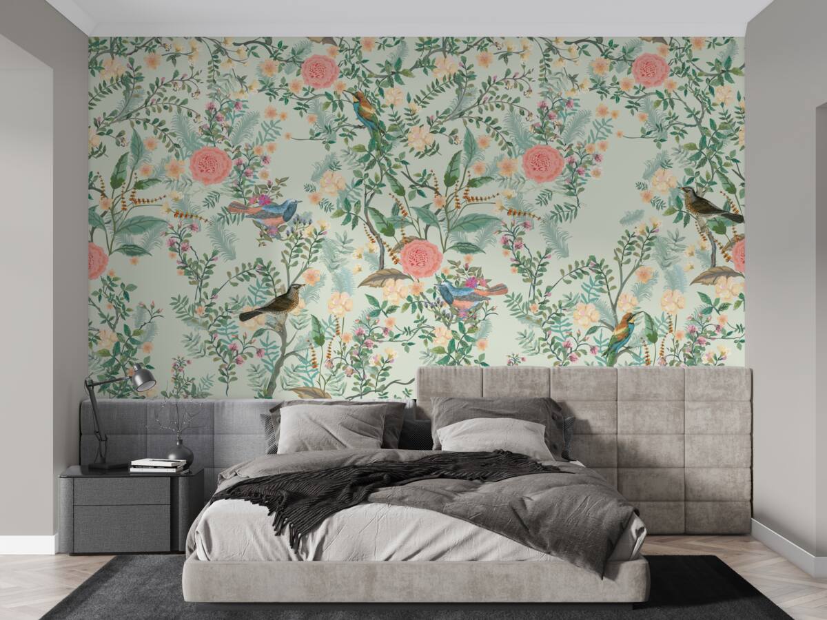 Papier peint Une flore et des oiseaux verdoyants et animés