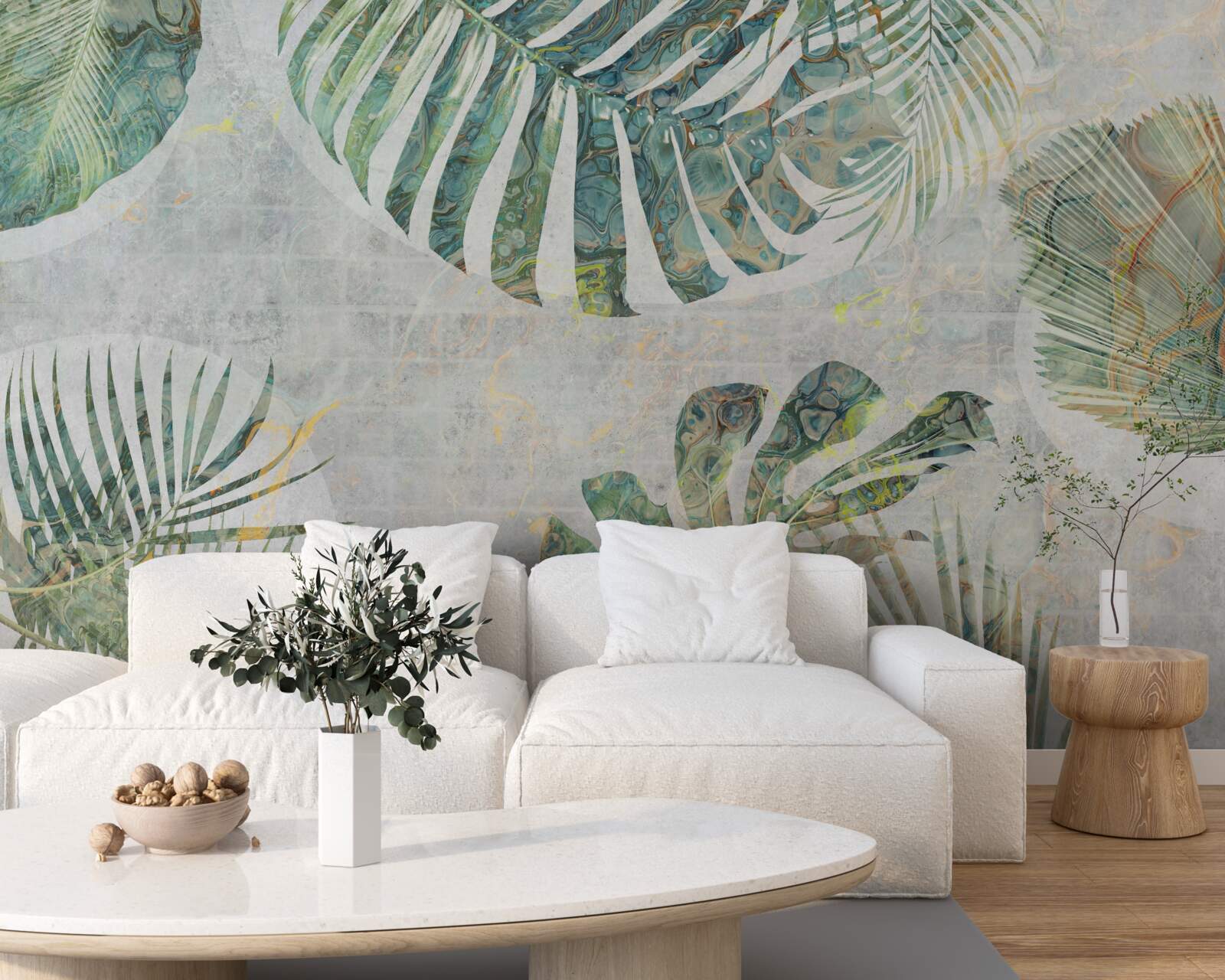 Papier peint grandes feuilles de palmier, de monstera et de fougère