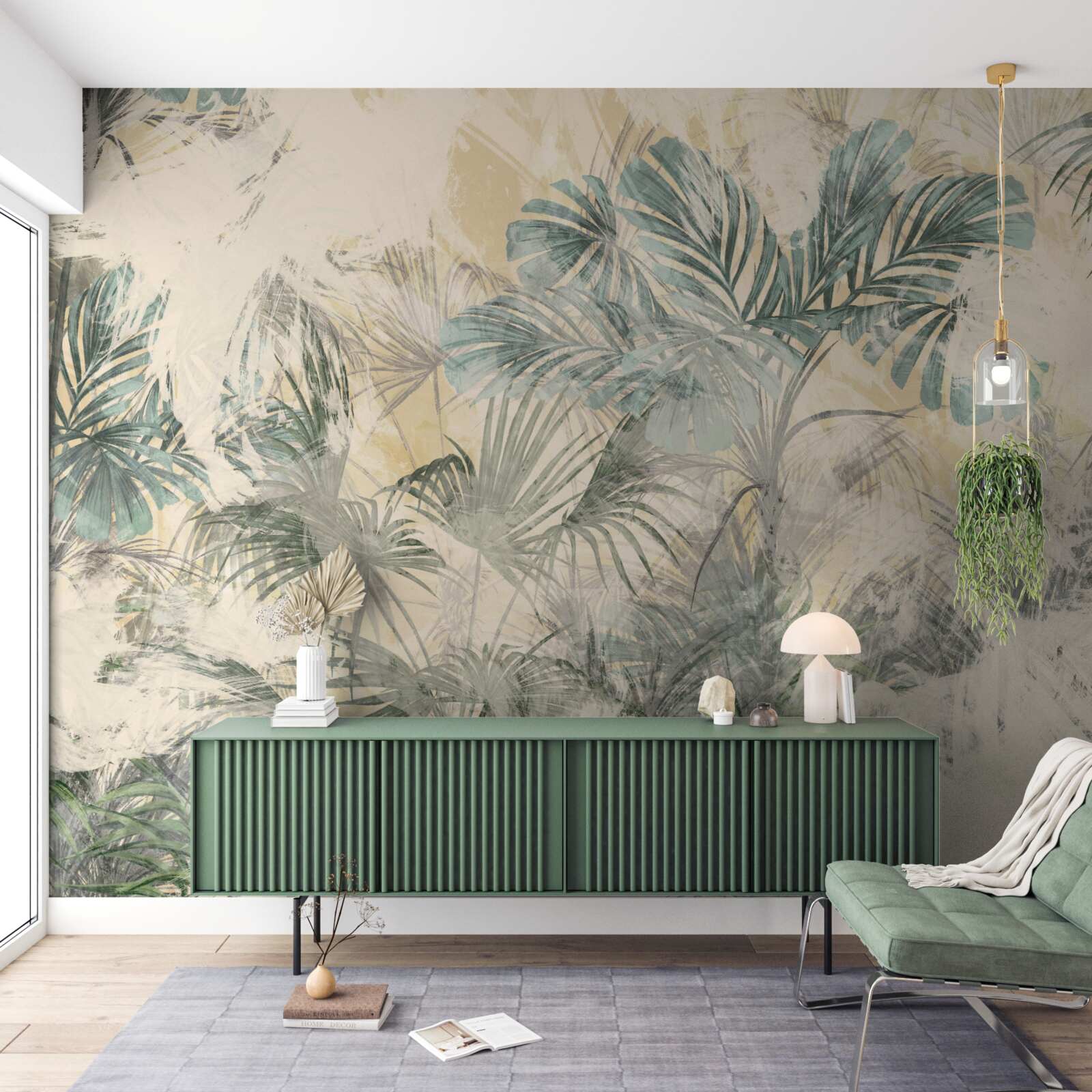 Papier peint feuilles de palmier et monstera en vert