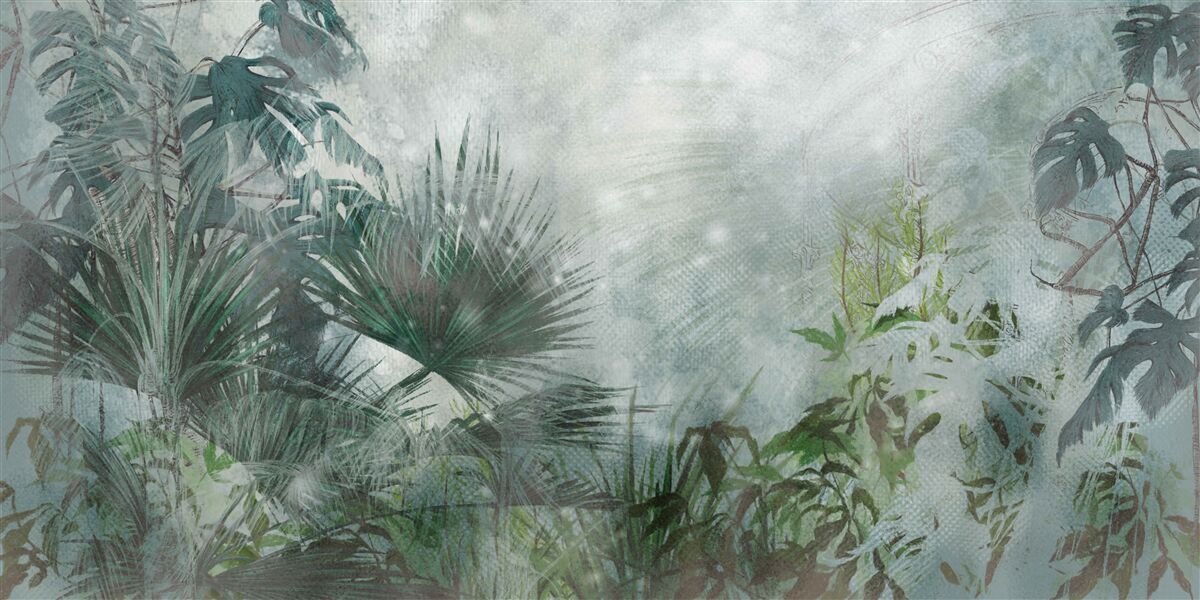 Papier peint matinée tropicale sur l'eau enveloppée de brume