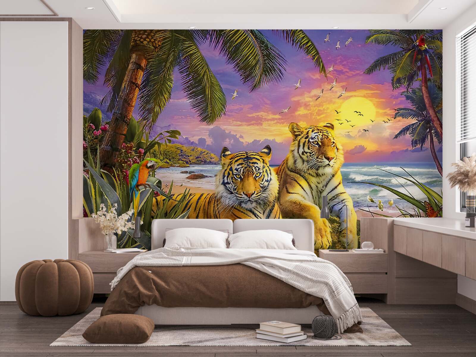Papier peint deux tigres dans un ciel tropical au crépuscule