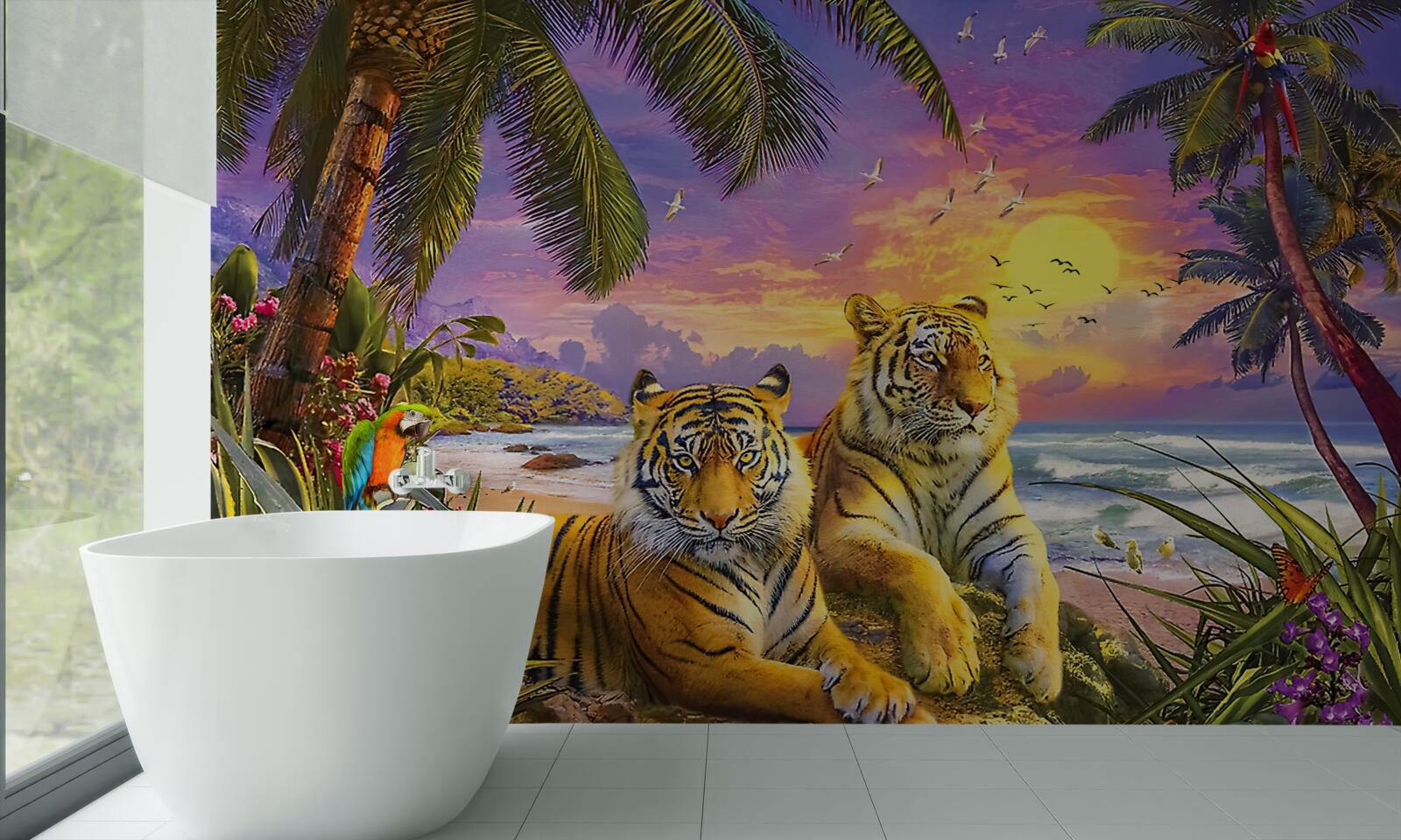 Papier peint deux tigres dans un ciel tropical au crépuscule