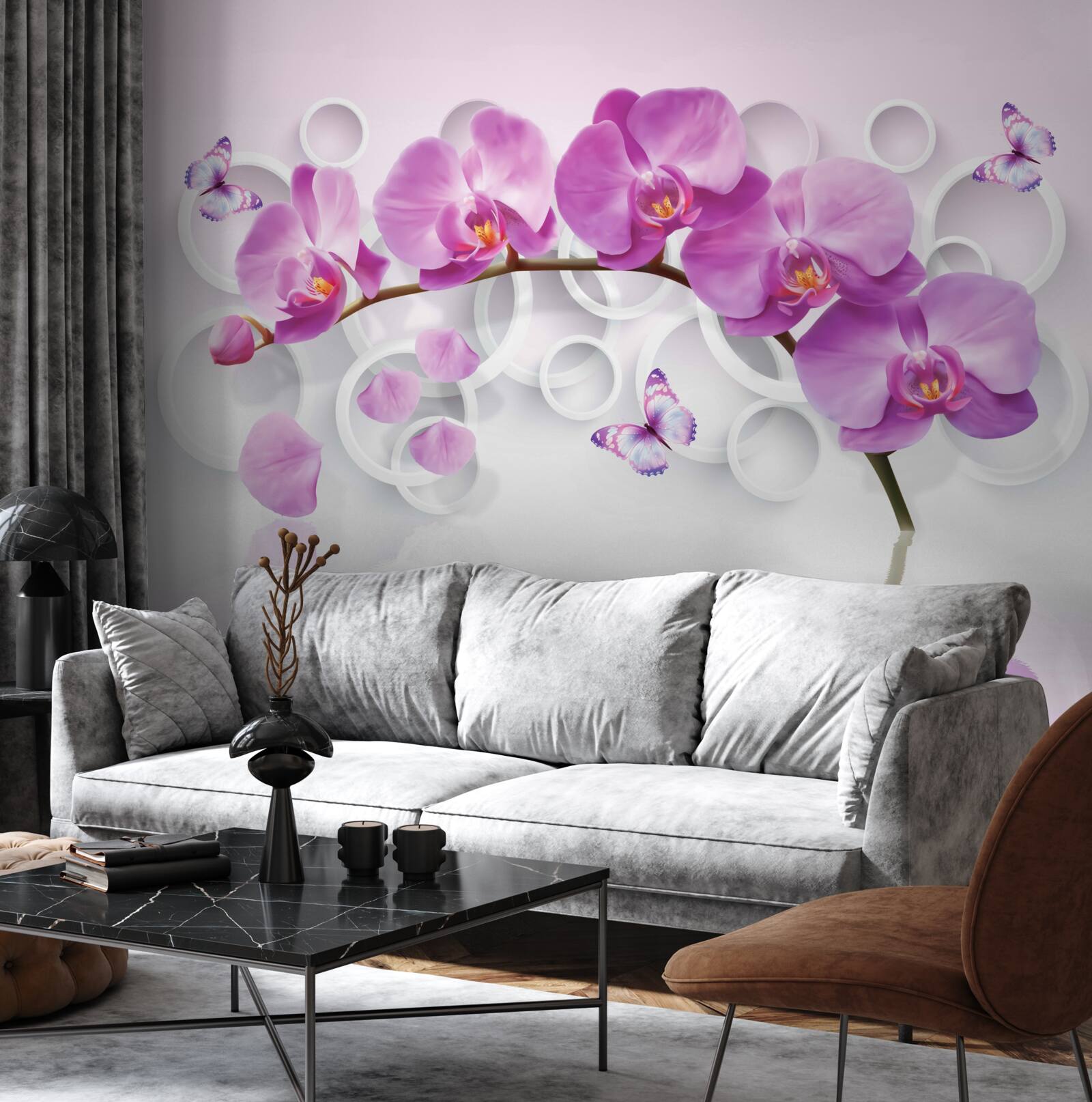 Papier peint tronc d'une grande orchidée décorée de fleurs