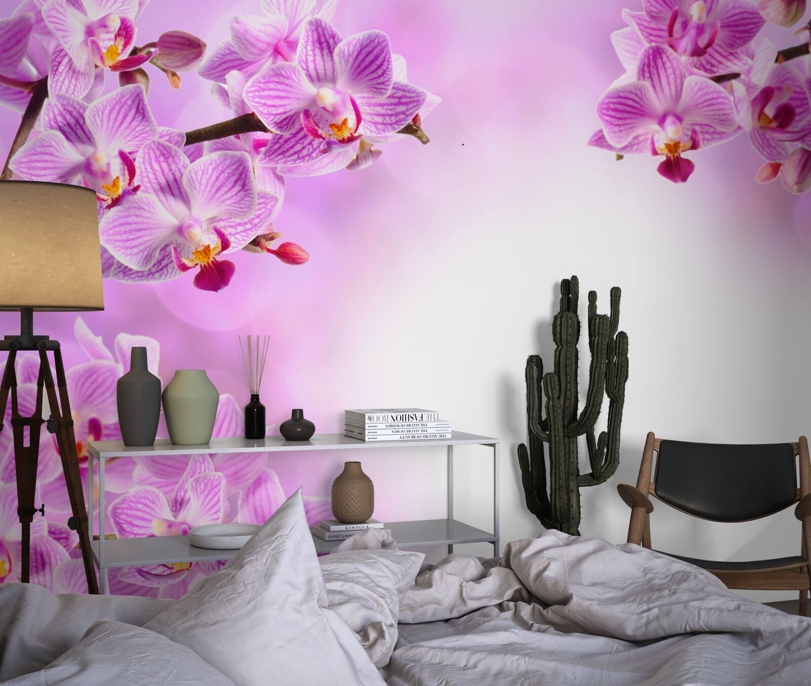 Papier peint branches d'orchidées lilas couvertes de fleurs