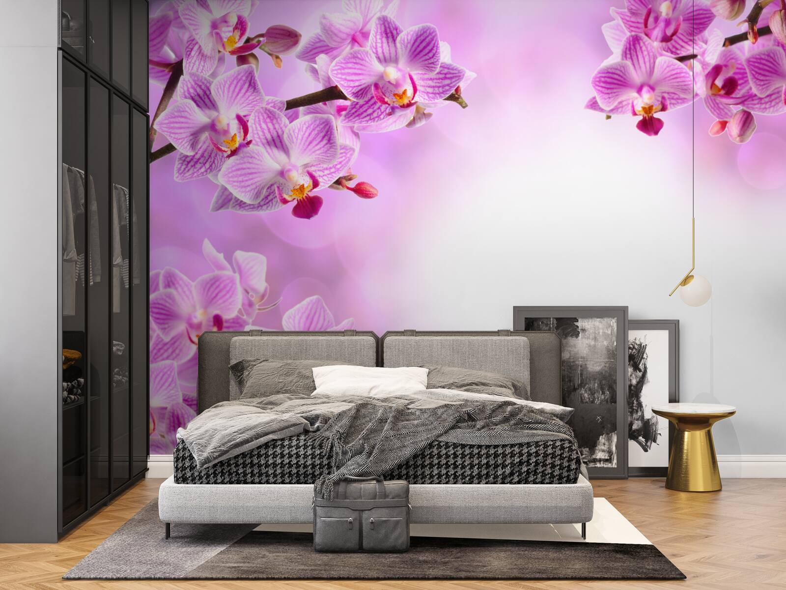 Papier peint branches d'orchidées lilas couvertes de fleurs