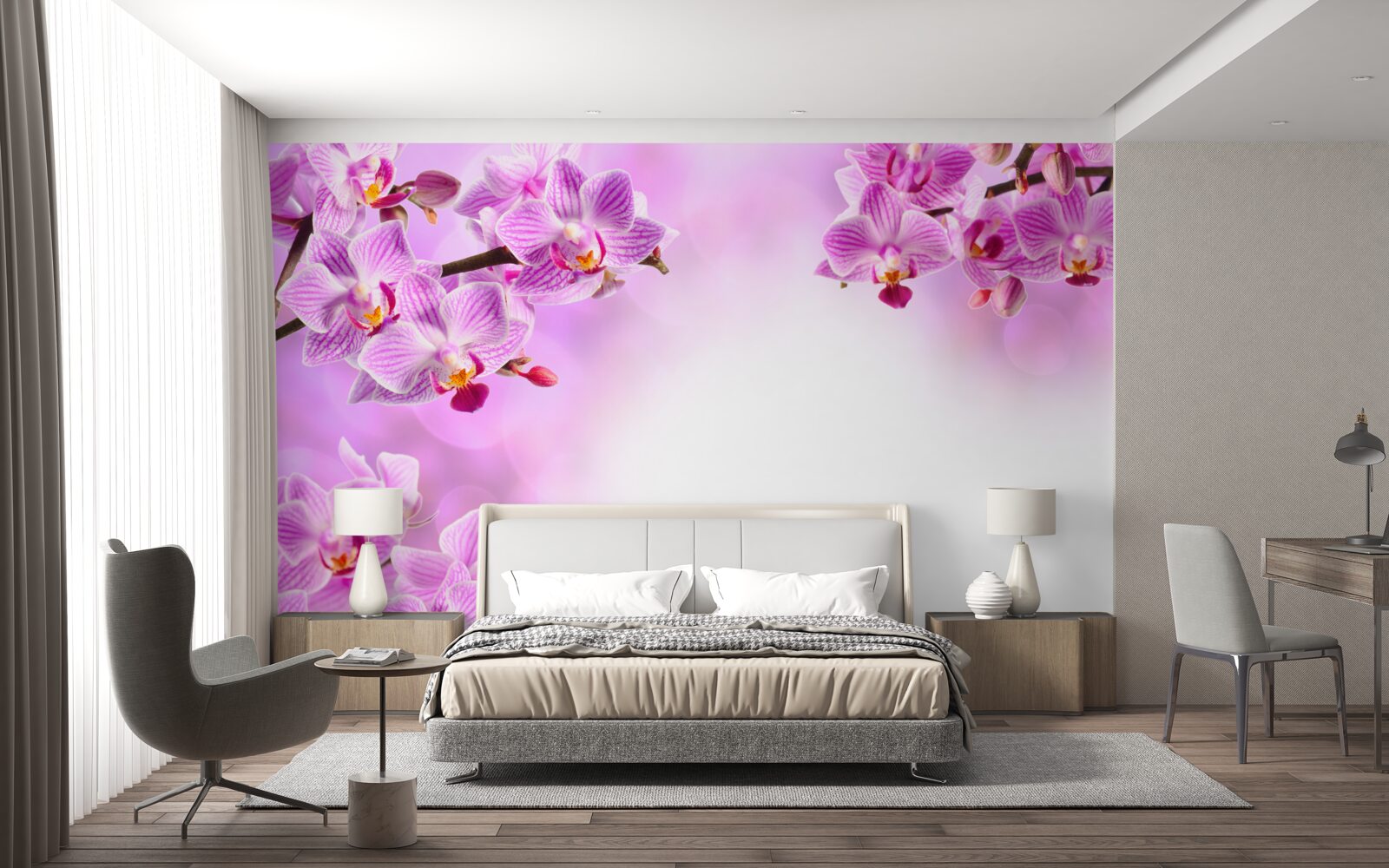 Papier peint branches d'orchidées lilas couvertes de fleurs