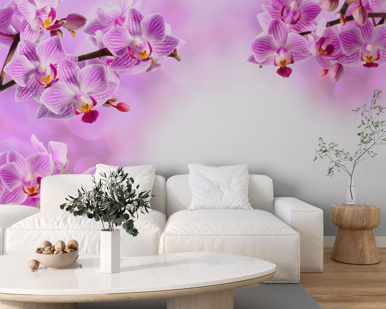 Papier peint branches d'orchidées lilas couvertes de fleurs