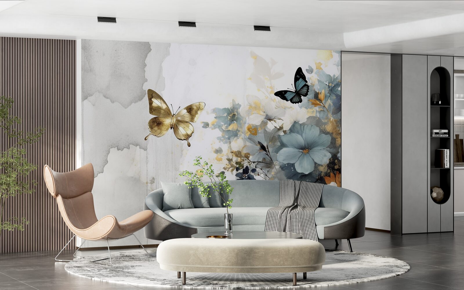 Papier peint des bourgeons luxueusement développés et des papillons irisés