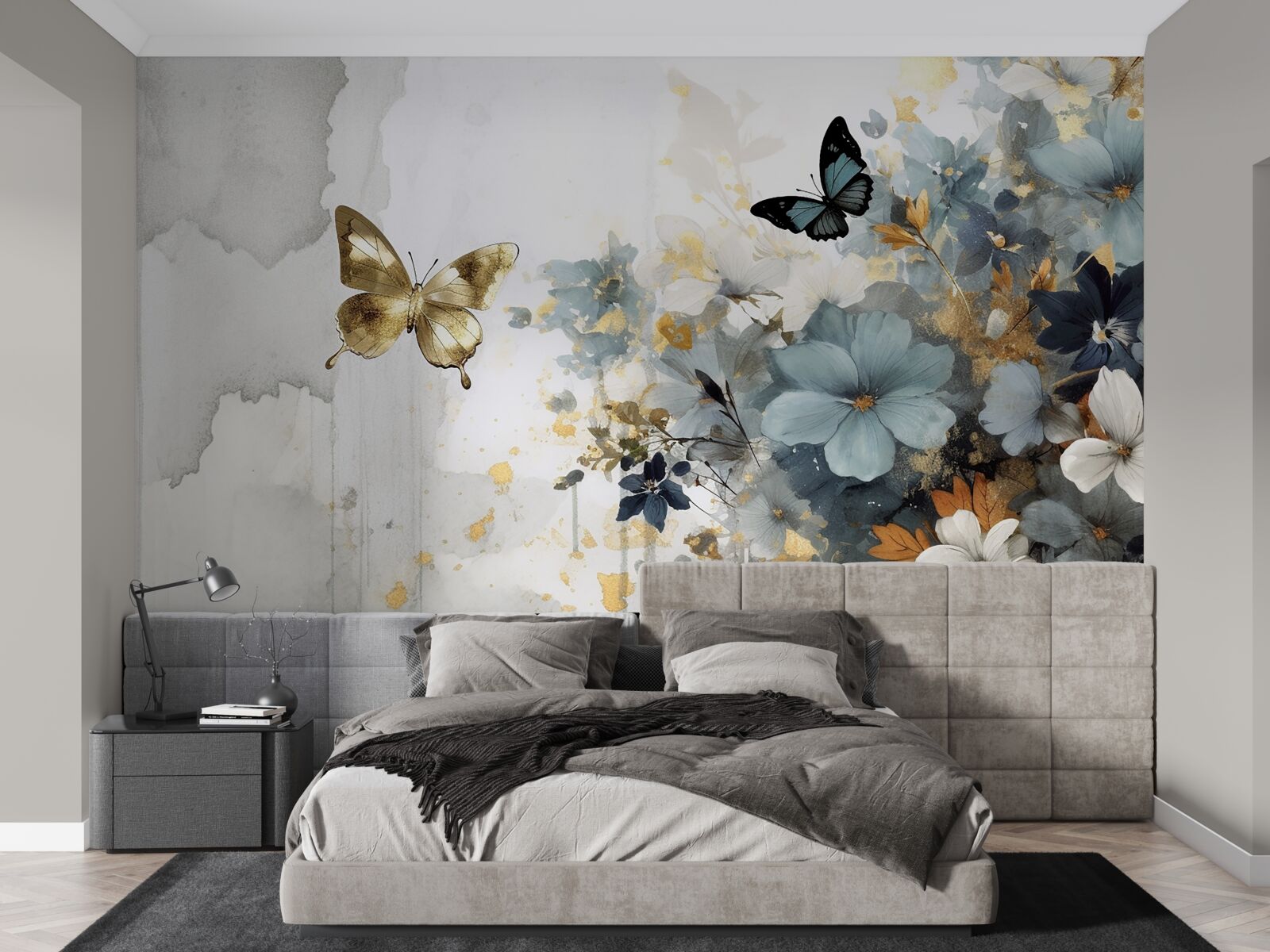Papier peint des bourgeons luxueusement développés et des papillons irisés