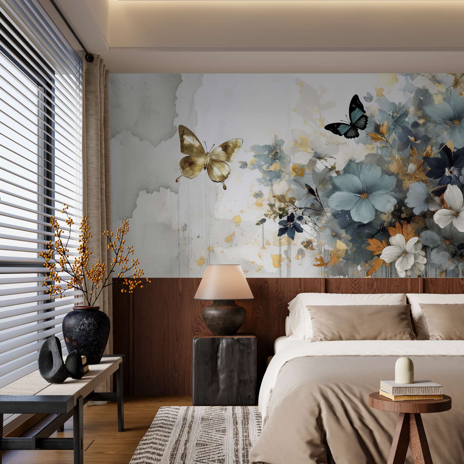 Papier peint des bourgeons luxueusement développés et des papillons irisés