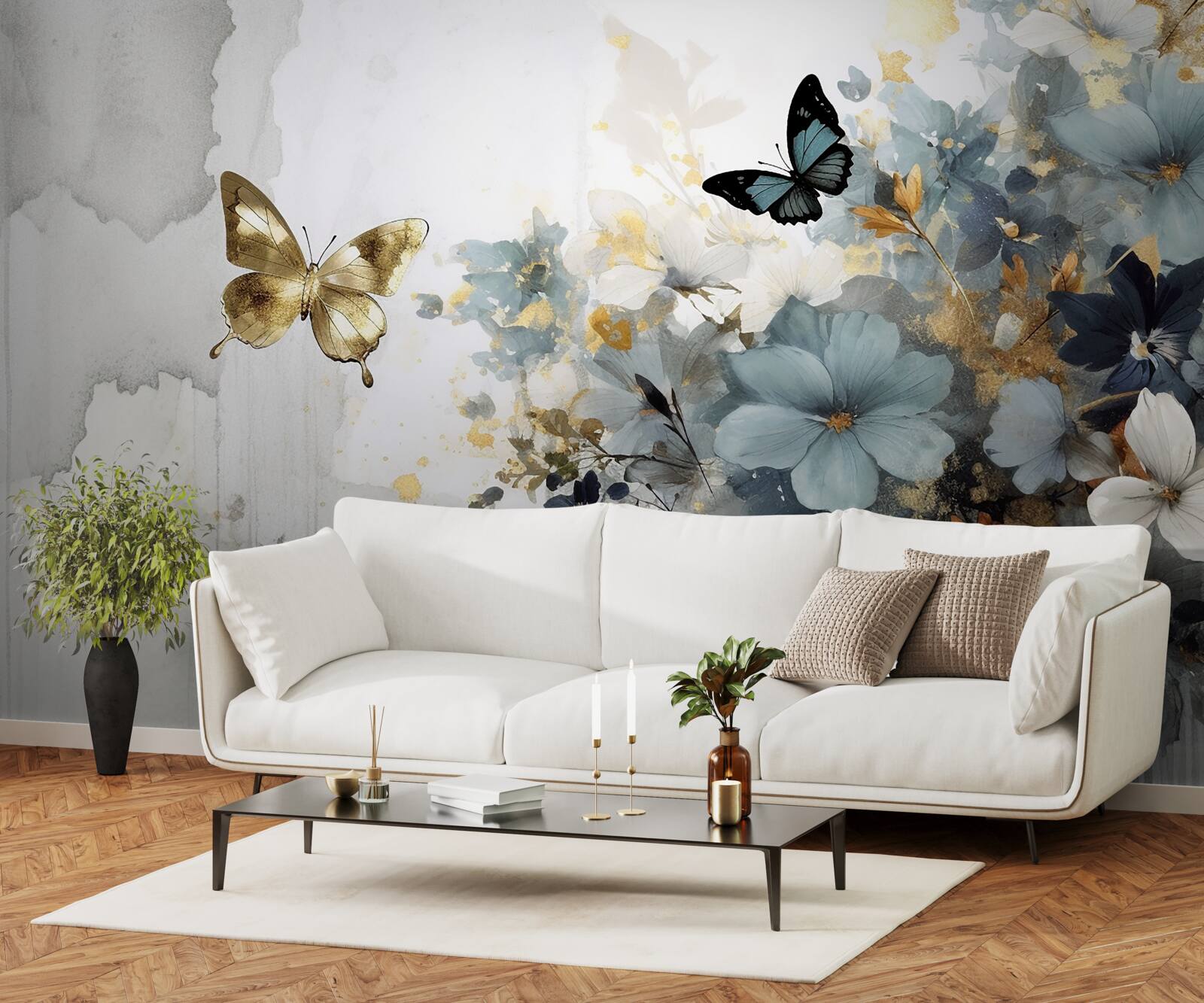Papier peint des bourgeons luxueusement développés et des papillons irisés
