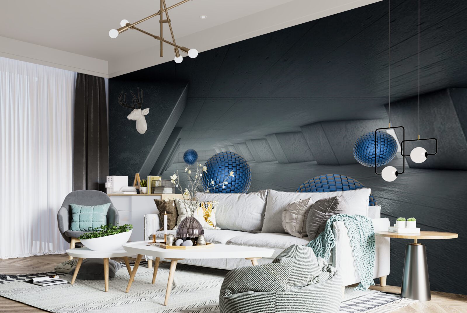 Papier peint passage gris sans fin et boules bleues