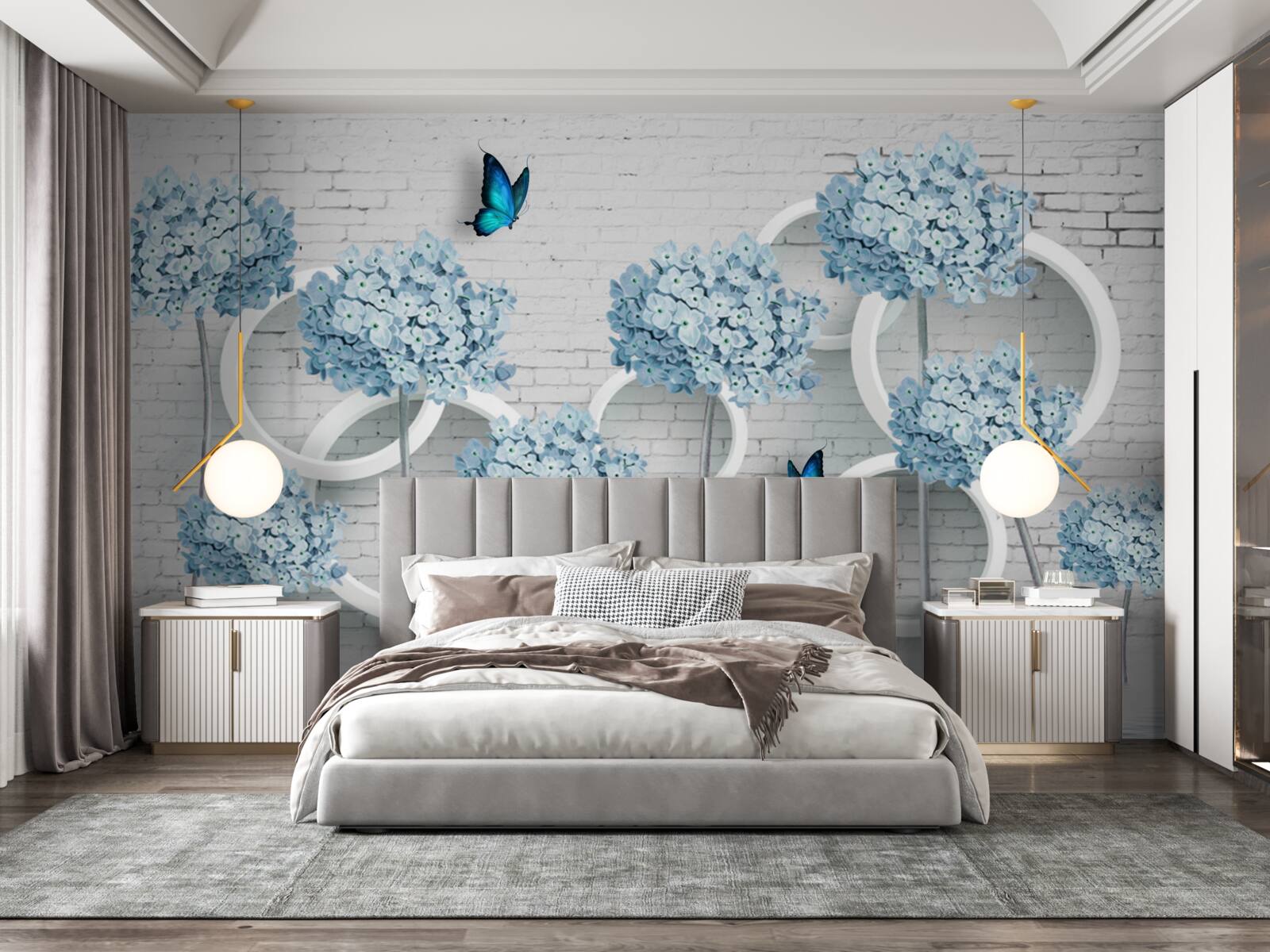 Papier peint branches de lilas avec des fleurs bleues sur un fond ambigu