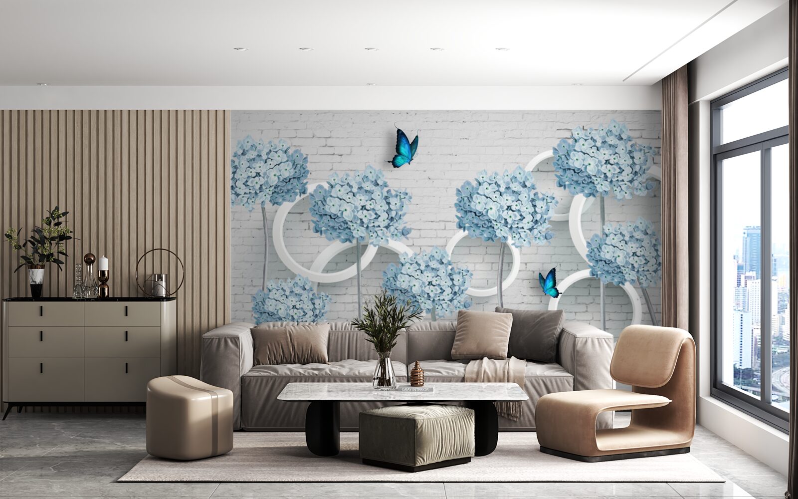 Papier peint branches de lilas avec des fleurs bleues sur un fond ambigu