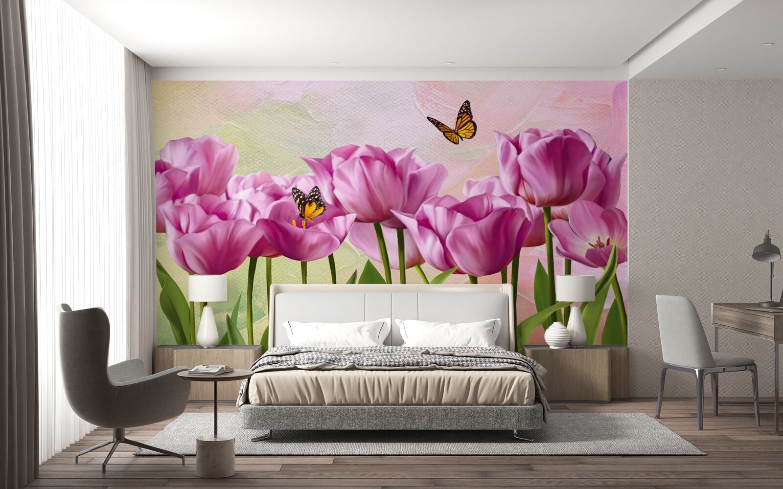 Papier peint papillons et tulipes violettes dans les champs