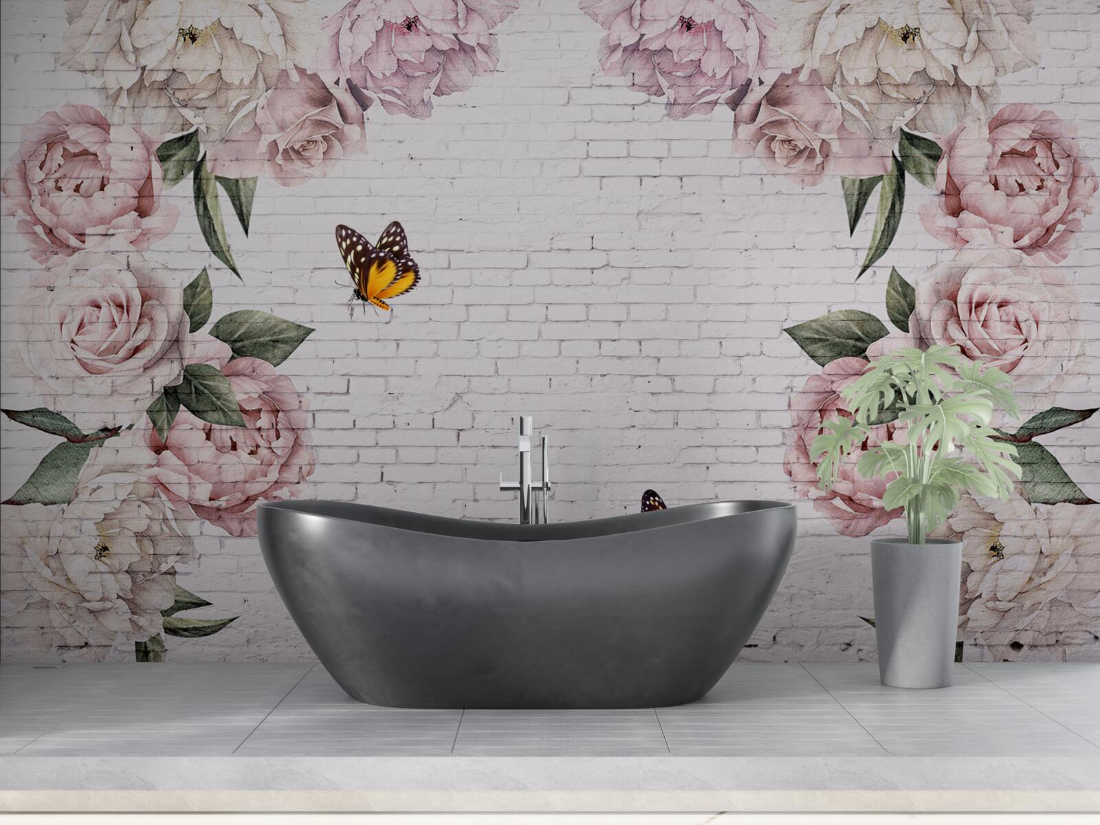 Papier peint pivoines roses et papillons