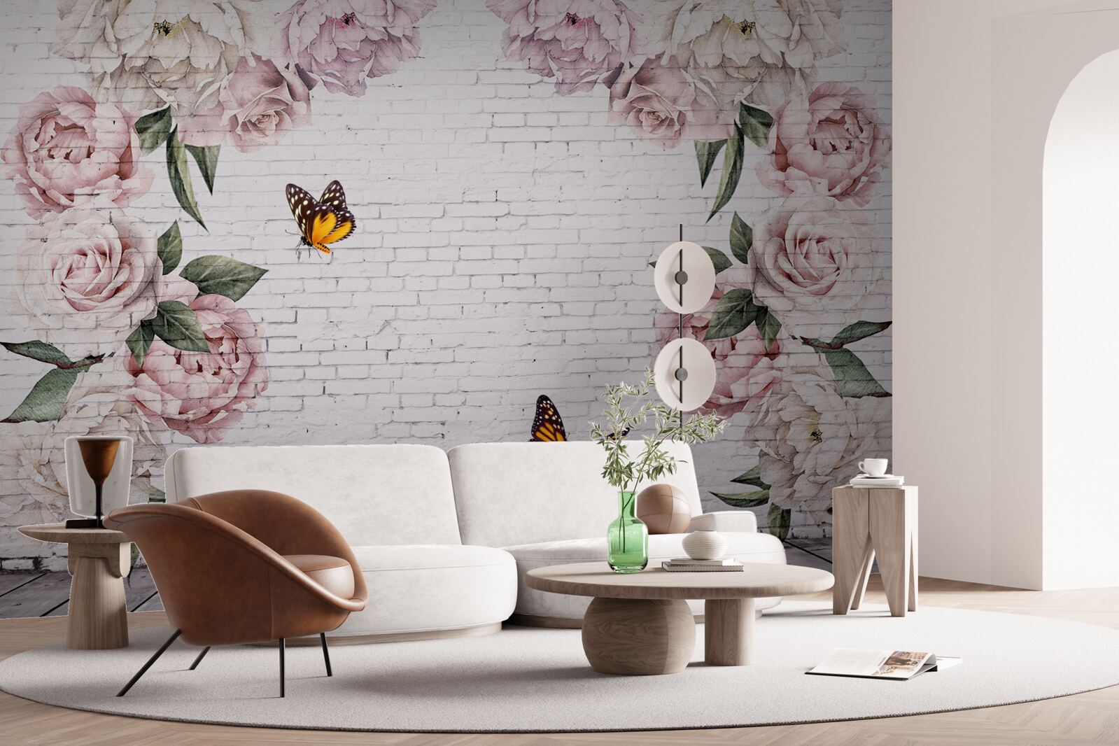 Papier peint pivoines roses et papillons
