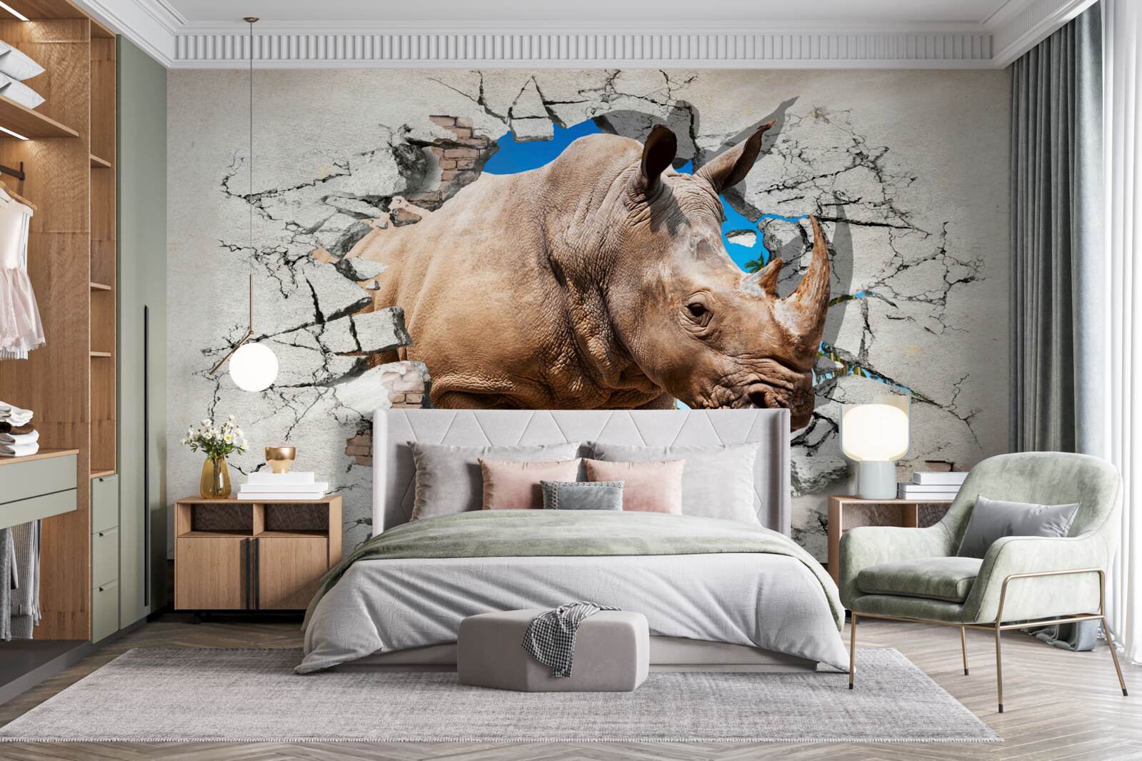 Papier peint Un mur s'effondre sous la force d'un rhinocéros