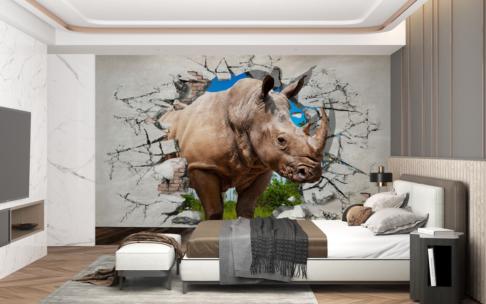 Papier peint Un mur s'effondre sous la force d'un rhinocéros