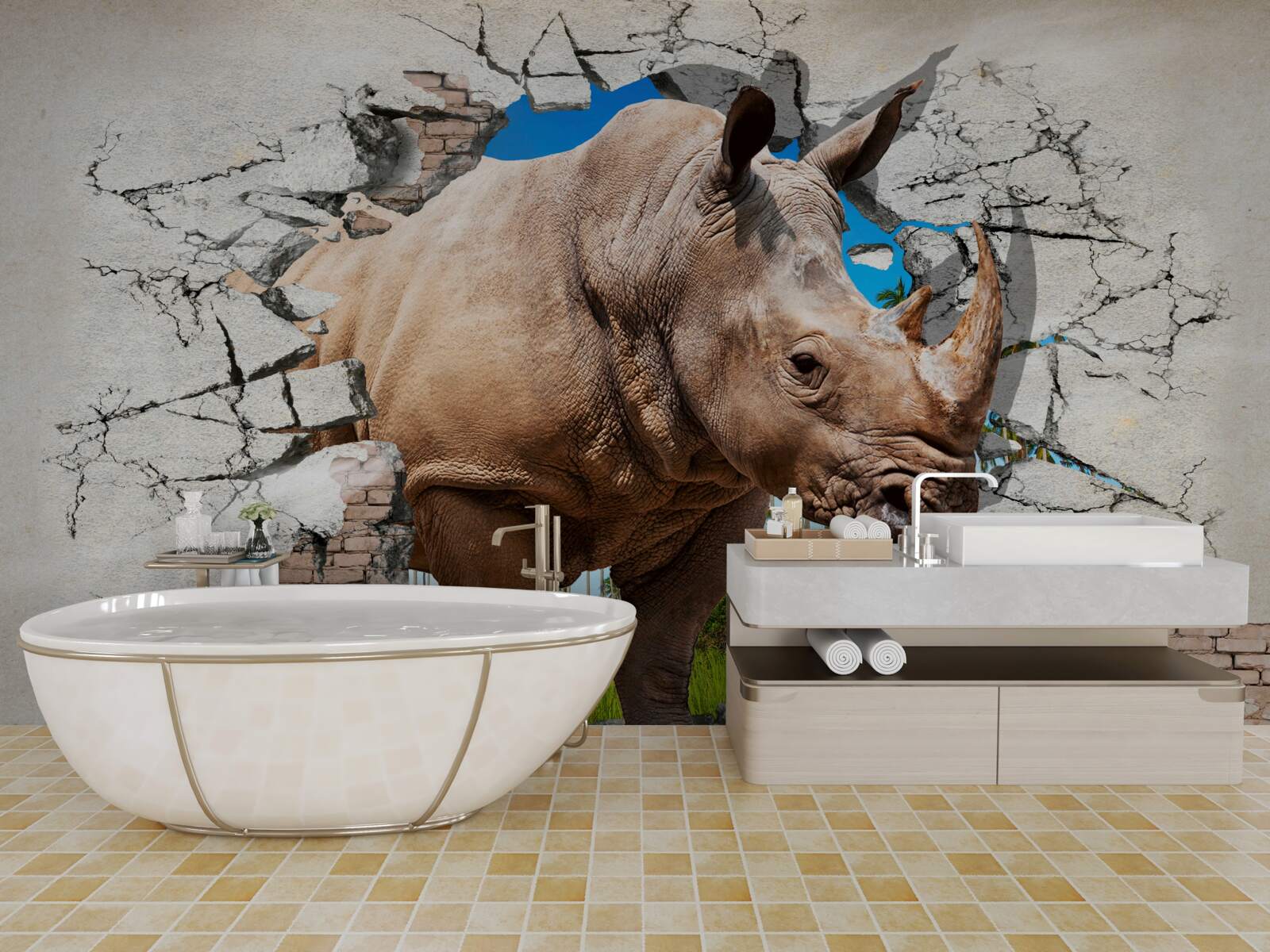 Papier peint Un mur s'effondre sous la force d'un rhinocéros
