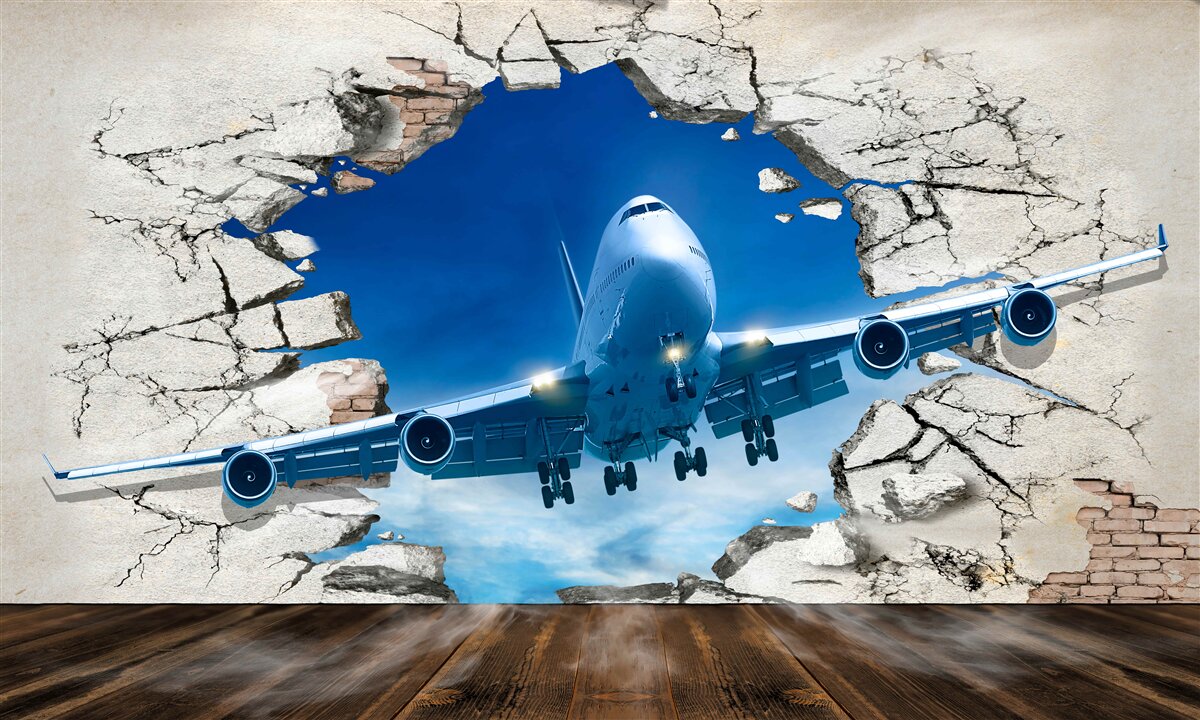 Papier peint avion perçant le mur