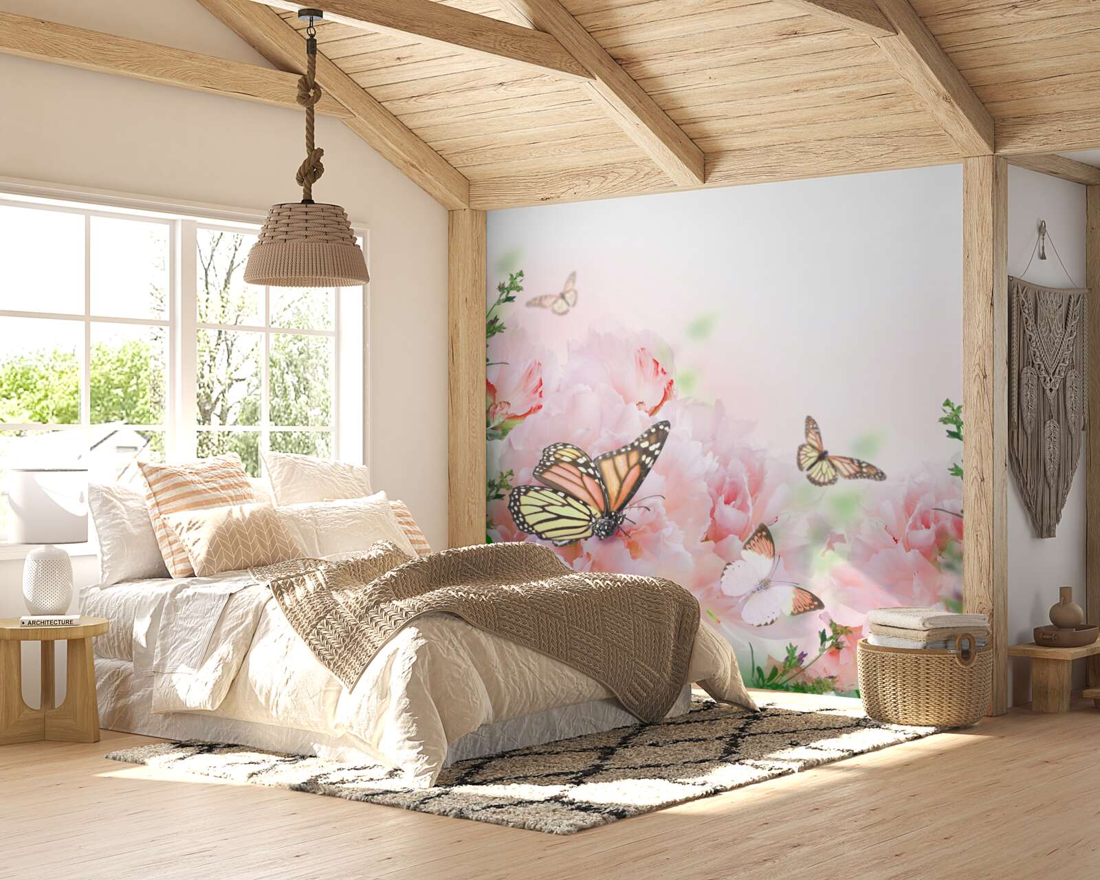 Papier peint groupe de papillons sur fond de fleurs d'été