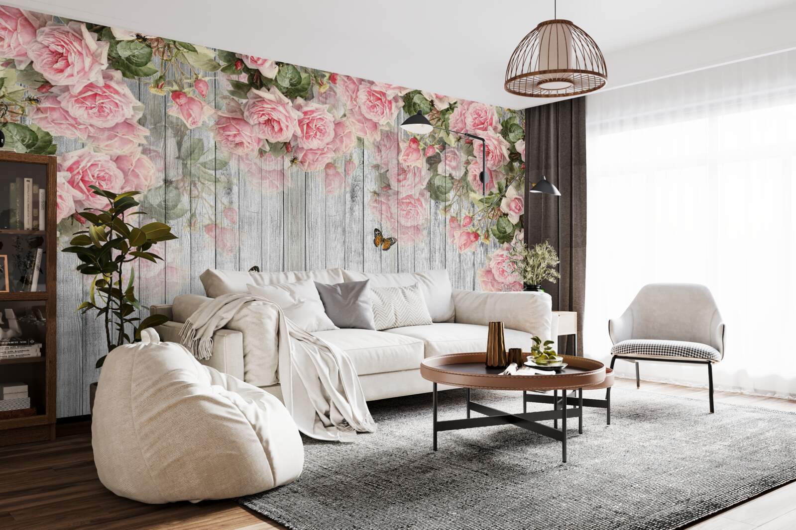 Papier peint roses roses luxuriantes suspendues