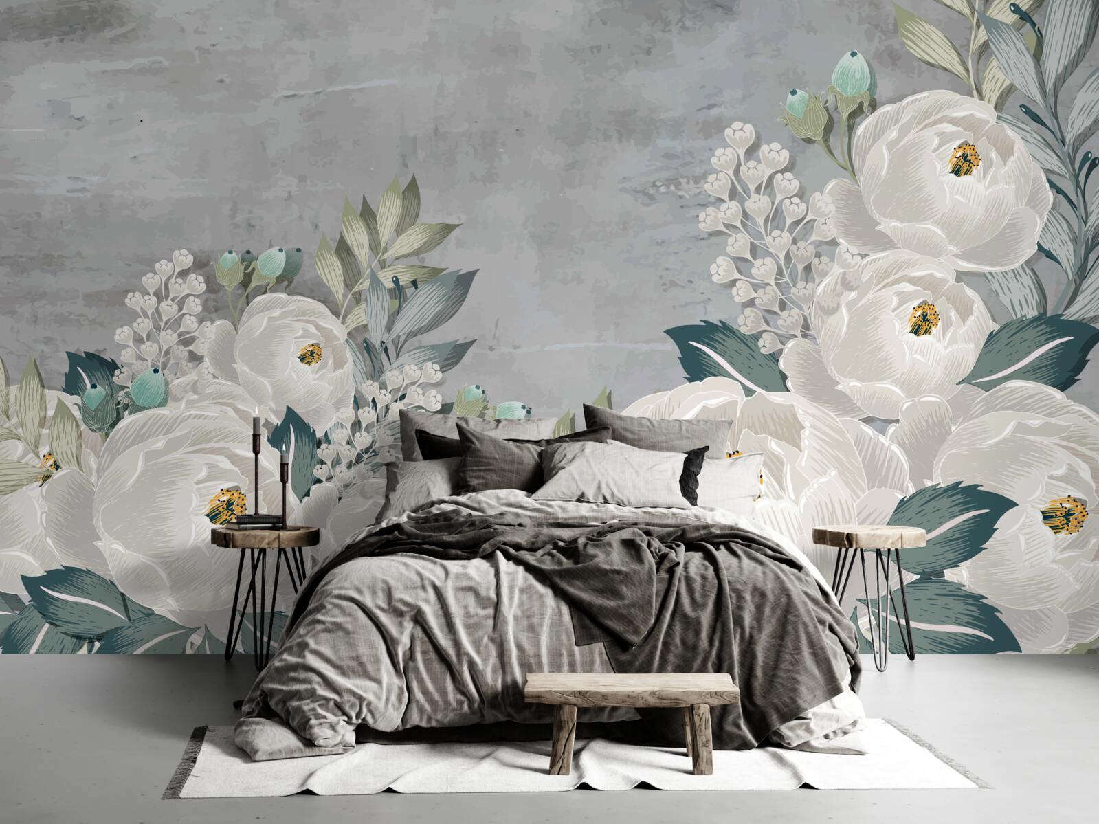 Papier peint bourgeons non ouverts de pivoines blanches comme la neige