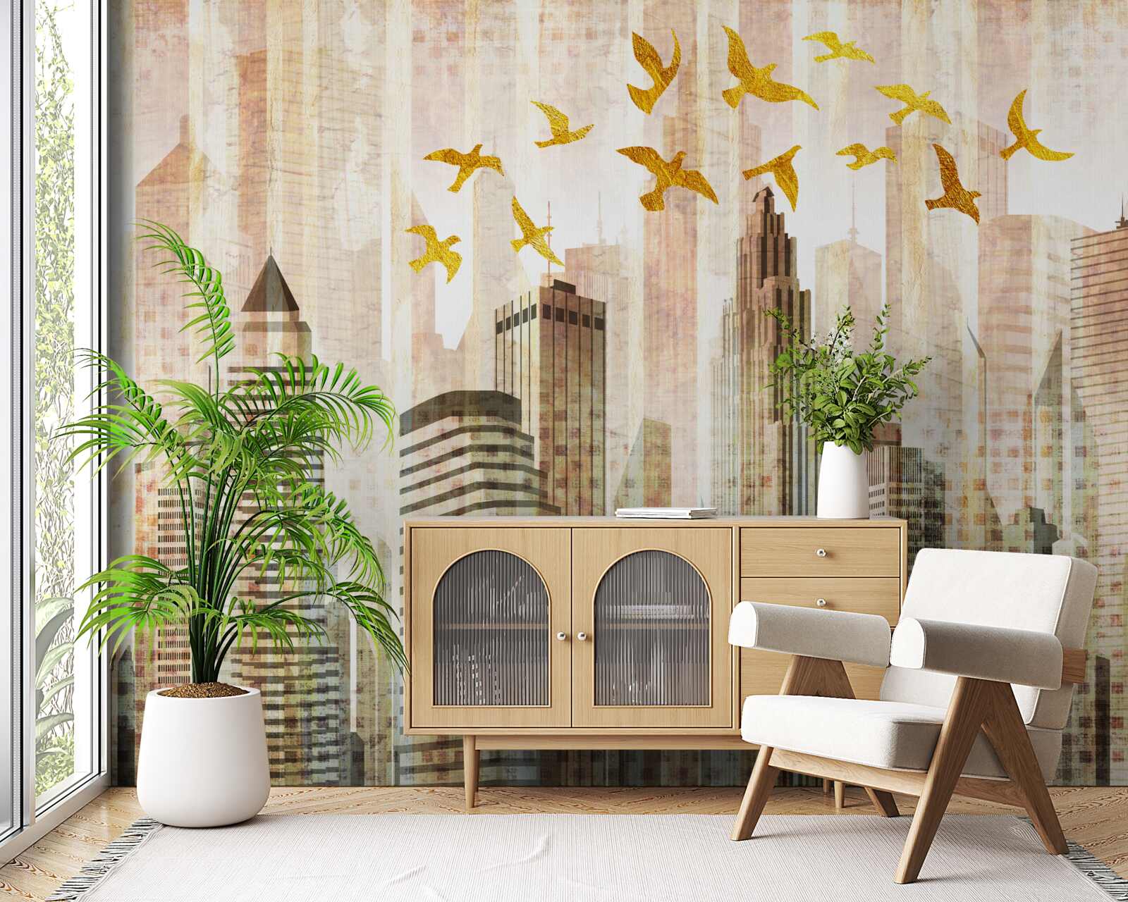 Papier peint ville abstraite sous les ailes des oiseaux