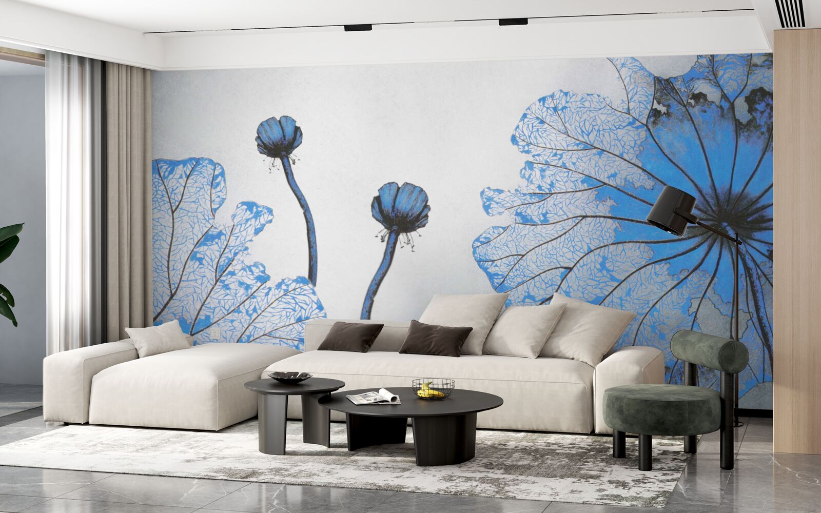 Papier peint coquelicots brumeux avec bourgeons bleus