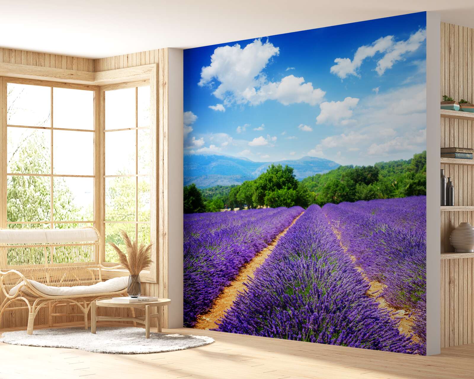 Papier peint un jardin de lavande en fleurs contrastant avec la campagne environnante