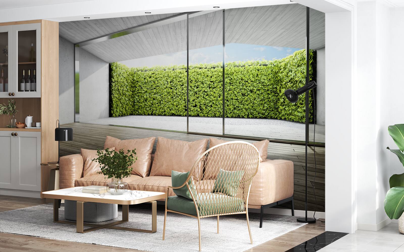 Papier peint balcon avec parois transparentes donnant sur le jardin